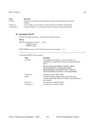 Banco de Dados I
Curso: Ciências da Computação – UCG V0 Prof: Ivon Rodrigues Canedo
86
Parte Descrição
Usuário O nome de um usuário a ser adicionado ao arquivo de informações do grupo de
trabalho.
Senhanova A nova senha a ser associada ao nome de usuário ou database especificado.
Senhaantiga A senha existente a ser associada ao nome de usuário ou grupo especificado.
37. Instrução GRANT
Concede privilégios específicos a um usuário ou grupo existente.
Sintaxe
GRANT {privilégio[, privilégio, …]} ON
{TABLE tabela |
OBJECT objeto|
CONTAINER recipiente } TO {authorizationname[, nomeautoriz, …]}
A instrução GRANT tem estas partes:
Parte Descrição
Privilégio O privilégio ou privilégios a serem concedidos. Os
privilégios são especificados usando as seguintes palavras-
chave:
SELECT, DELETE, INSERT, UPDATE, DROP,
SELECTSECURITY, UPDATESECURITY,
DBPASSWORD, UPDATEIDENTITY, CREATE,
SELECTSCHEMA, SCHEMA e UPDATEOWNER.
Nometabela Qualquer nome de tabela válido.
Objeto Isto pode englobar qualquer objeto não-tabela. Uma
consulta armazenada (modo de exibição ou procedimento) é
um exemplo.
Recipiente O nome de um recipiente válido.
Nomeautoriz O nome de um usuário ou grupo.
 