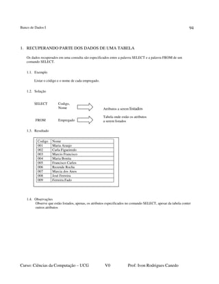 Banco de Dados I
Curso: Ciências da Computação – UCG V0 Prof: Ivon Rodrigues Canedo
94
1. RECUPERANDO PARTE DOS DADOS DE UMA TABELA
Os dados recuperados em uma consulta são especificados entre a palavra SELECT e a palavra FROM de um
comando SELECT.
1.1. Exemplo
Listar o código e o nome de cada empregado.
1.2. Solução
SELECT Codigo,
Nome
FROM Empregado
1.3. Resultado
1.4. Observações
Observe que estão listados, apenas, os atributos especificados no comando SELECT, apesar da tabela conter
outros atributos
Atributos a serem listados
Tabela onde estão os atributos
a serem listados
Codigo Nome
001 Maria Araujo
002 Carla Figueiredo
003 Marcio Francisco
004 Maria Bonita
005 Francisco Carlos
006 Rezende Rocha
007 Marcia dos Anos
008 José Ferreira
009 Ferreira Fado
 