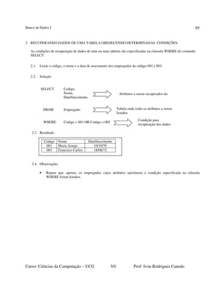 Banco de Dados I
Curso: Ciências da Computação – UCG V0 Prof: Ivon Rodrigues Canedo
95
2. RECUPERANDO DADOS DE UMA TABELA OBEDECENDO DETERMINADAS CONDIÇÕES.
As condições de recuperação de dados de uma ou mais tabelas são especificadas na cláusula WHERE do comando
SELECT
2.1. Listar o código, o nome e a data de nascimento dos empregados de código 001 e 003.
2.2. Solução
SELECT Codigo,
Nome,
DataNascimento
FROM Empregado
WHERE Codigo = 001 OR Codigo = 005
2.3. Resultado
2.4. Observações
• Repare que, apenas, os empregados cujos atributos satisfazem a condição especificada na cláusula
WHERE foram listados.
Atributos a serem recuperados do
banco
Tabela onde estão os atributos a serem
listados
Condição para
recuperação dos dados
Codigo Nome DataNascimento
001 Maria Araujo 10/10/70
005 Francisco Carlos 18/08/72
 