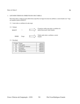 Banco de Dados I
Curso: Ciências da Computação – UCG V0 Prof: Ivon Rodrigues Canedo
96
3. LISTANDO TODOS OS ATRIBUTOS DE UMA TABELA.
Para listar todos os dados de uma tabela basta especificar no lugar do nome dos atributos a serem listados um * logo
em seguida à palavra SELECT.
3.1. Listar todos os atributos de cada cargo
3.2. Solução
SELECT *
FROM Cargo
3.3. Resultado
O asterisco indica que todos os atributos da
tabela Empregado serão listados
Tabela onde estão os atributos a serem
listados
Codigo Nome Salario
01 Advogado 3000,00
02 Analista de Sistemas 4000,00
03 Contador 1000,00
04 Engenheiro 4000,00
05 Programador 1500,00
 