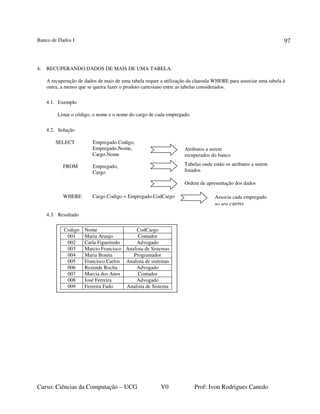 Banco de Dados I
Curso: Ciências da Computação – UCG V0 Prof: Ivon Rodrigues Canedo
97
4. RECUPERANDO DADOS DE MAIS DE UMA TABELA.
A recuperação de dados de mais de uma tabela requer a utilização da clausula WHERE para associar uma tabela à
outra, a menos que se queira fazer o produto cartesiano entre as tabelas considerados.
4.1. Exemplo
Listar o código, o nome e o nome do cargo de cada empregado.
4.2. Solução
SELECT Empregado.Codigo,
Empregado.Nome,
Cargo.Nome
FROM Empregado,
Cargo
WHERE Cargo.Codigo = Empregado.CodCargo
4.3. Resultado
Atributos a serem
recuperados do banco
Tabelas onde estão os atributos a serem
listados
Ordem de apresentação dos dados
Associa cada empregado
ao seu cargo
Codigo Nome CodCargo
001 Maria Araujo Contador
002 Carla Figueiredo Advogado
003 Marcio Francisco Analista de Sistemas
004 Maria Bonita Programador
005 Francisco Carlos Analista de sistemas
006 Rezende Rocha Advogado
007 Marcia dos Anos Contador
008 José Ferreira Advogado
009 Ferreira Fado Analista de Sistema
 
