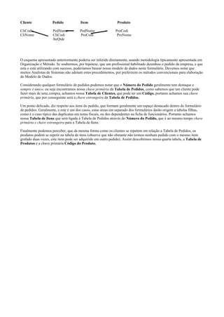 Cliente

Pedido

Item

CliCodi
CliNome

PedNume
CliCodi
IteQtde

PedNume
ProCodi

Produto
ProCodi
ProNome

O esquema apresentado anteriormente poderia ser inferido diretamente, usando metodologia tipicamente apresentada em
Organização e Método. Se soubermos, por hipótese, que um profissional habilitado desenhou o pedido da empresa, e que
esta o está utilizando com sucesso, poderíamos basear nosso modelo de dados neste formulário. Devemos notar que
muitos Analistas de Sistemas não adotam estes procedimentos, por preferirem os métodos convencionais para elaboração
do Modelo de Dados.
Considerando qualquer formulário de pedidos podemos notar que o Número do Pedido geralmente tem destaque e
sempre é único, ou seja encontramos nossa chave primária da Tabela de Pedidos, como sabemos que um cliente pode
fazer mais de uma compra, achamos nossa Tabela de Clientes, que pode ter um Código, portanto achamos sua chave
primária, que por conseguinte será a chave estrangeira da Tabela de Pedidos.
Um ponto delicado, diz respeito aos itens do pedido, que formam geralmente um espaço destacado dentro do formulário
de pedidos. Geralmente, e este é um dos casos, estas áreas em separado dos formulários darão origem a tabelas filhas,
como é o caso típico das duplicatas em notas fiscais, ou dos dependentes na ficha de funcionários. Portanto achamos
nossa Tabela de Itens que será ligada à Tabela de Pedidos através do Número do Pedido, que é ao mesmo tempo chave
primária e chave estrangeira para a Tabela de Itens.
Finalmente podemos perceber, que da mesma forma como os clientes se repetem em relação a Tabela de Pedidos, os
produtos podem se repetir na tabela de itens (observe que não obstante não termos nenhum pedido com o mesmo item
grafado duas vezes, este item pode ser adquirido em outro pedido). Assim descobrimos nossa quarta tabela, a Tabela de
Produtos e a chave primária Código do Produto.

 
