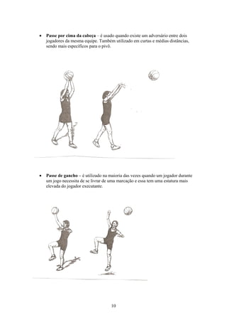    Passe por cima da cabeça – é usado quando existe um adversário entre dois
    jogadores da mesma equipe. Também utilizado em curtas e médias distâncias,
    sendo mais específicos para o pivô.




   Passe de gancho – é utilizado na maioria das vezes quando um jogador durante
    um jogo necessita de se livrar de uma marcação e essa tem uma estatura mais
    elevada do jogador executante.




                                     10
 