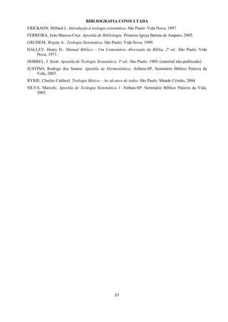 21
BIBLIOGRAFIA CONSULTADA
ERICKSON, Millard J.. Introdução à teologia sistemática. São Paulo: Vida Nova, 1997.
FERREIRA, João Marcos Cruz. Apostila de Bibliologia. Primeira Igreja Batista de Amparo, 2005.
GRUDEM, Wayne A.. Teologia Sistemática. São Paulo: Vida Nova, 1999.
HALLEY, Henry H.. Manual Bíblico – Um Comentário Abreviado da Bíblia, 2ª ed.. São Paulo: Vida
Nova, 1971.
HORREL, J. Scott. Apostila de Teologia Sistemática, 3ª ed.. São Paulo: 1989. (material não-publicado)
JUSTINO, Rodrigo dos Santos. Apostila de Hermenêutica. Atibaia-SP. Seminário Bíblico Palavra da
Vida, 2003.
RYRIE, Charles Caldwel. Teologia Básica – Ao alcance de todos. São Paulo: Mundo Cristão, 2004.
SILVA, Marcelo. Apostila de Teologia Sistemática 1. Atibaia-SP: Seminário Bíblico Palavra da Vida,
2003.
 