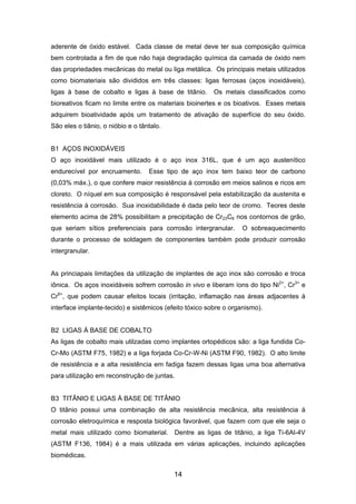 aderente de óxido estável. Cada classe de metal deve ter sua composição química
bem controlada a fim de que não haja degradação química da camada de óxido nem
das propriedades mecânicas do metal ou liga metálica. Os principais metais utilizados
como biomateriais são divididos em três classes: ligas ferrosas (aços inoxidáveis),
ligas à base de cobalto e ligas à base de titânio. Os metais classificados como
bioreativos ficam no limite entre os materiais bioinertes e os bioativos. Esses metais
adquirem bioatividade após um tratamento de ativação de superfície do seu óxido.
São eles o tiânio, o nióbio e o tântalo.
B1 AÇOS INOXIDÁVEIS
O aço inoxidável mais utilizado é o aço inox 316L, que é um aço austenítico
endurecível por encruamento. Esse tipo de aço inox tem baixo teor de carbono
(0,03% máx.), o que confere maior resistência à corrosão em meios salinos e ricos em
cloreto. O níquel em sua composição é responsável pela estabilização da austenita e
resistência à corrosão. Sua inoxidabilidade é dada pelo teor de cromo. Teores deste
elemento acima de 28% possibilitam a precipitação de Cr23C6 nos contornos de grão,
que seriam sítios preferenciais para corrosão intergranular. O sobreaquecimento
durante o processo de soldagem de componentes também pode produzir corrosão
intergranular.
As princiapais limitações da utilização de implantes de aço inox são corrosão e troca
iônica. Os aços inoxidáveis sofrem corrosão in vivo e liberam íons do tipo Ni2+
, Cr3+
e
Cr6+
, que podem causar efeitos locais (irritação, inflamação nas áreas adjacentes à
interface implante-tecido) e sistêmicos (efeito tóxico sobre o organismo).
B2 LIGAS À BASE DE COBALTO
As ligas de cobalto mais utilzadas como implantes ortopédicos são: a liga fundida Co-
Cr-Mo (ASTM F75, 1982) e a liga forjada Co-Cr-W-Ni (ASTM F90, 1982). O alto limite
de resistência e a alta resistência em fadiga fazem dessas ligas uma boa alternativa
para utilização em reconstrução de juntas.
B3 TITÂNIO E LIGAS À BASE DE TITÂNIO
O titânio possui uma combinação de alta resistência mecânica, alta resistência à
corrosão eletroquímica e resposta biológica favorável, que fazem com que ele seja o
metal mais utilizado como biomaterial. Dentre as ligas de titânio, a liga Ti-6Al-4V
(ASTM F136, 1984) é a mais utilizada em várias aplicações, incluindo aplicações
biomédicas.
14
 
