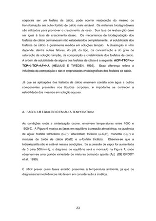 corporais ser um fosfato de cálcio, pode ocorrer reabsorção do mesmo ou
transformação em outro fosfato de cálcio mais estável. Os materiais biodegradáveis
são utilizados para promover o crescimento de osso. Sua taxa de reabsorção deve
ser igual à taxa de crescimento ósseo. Os mecanismos de biodegradação dos
fosfatos de cálcio permanecem não estabelecidos completamente. A solubilidade dos
fosfatos de cálcio é geralmente medida em soluções tampão. A dissolução in vitro
depende, dentre outros fatores, do pH, do tipo, da concentração e do grau de
saturação da solução tampão, da composição e cristalinidade dos fosfatos de cálcio.
A ordem de solubilidade de alguns dos fosfatos de cálcio é a seguinte: ACP>TTCP>α-
TCP>β-TCP>AP>HA (HELMUS E TWEDEN, 1995). Essa diferença reflete a
influência da composição e das e propriedades cristalográficas dos fosfatos de cálcio.
Já que as aplicações dos fosfatos de cálcio envolvem contato com água e outros
componentes presentes nos líquidos corporais, é importante se conhecer a
estabilidade dos mesmos em solução aquosa.
A. FASES EM EQUILÍBRIO EM ALTA TEMPERATURA
As condições onde a sinterização ocorre, envolvem temperaturas entre 1000 e
1500°C. A Figura 6 mostra as fases em equilíbrio à pressão atmosférica, na ausência
de água: fosfato tetracálcio (C4P), alfa-fosfato tricálcio (α-C3P), monetita (C2P) e
misturas de óxido de cálcio (CaO) e α-fosfato tricálcio. Observa-se que a
hidroxiapatita não é estável nessas condições. Se a pressão de vapor for aumentada
de 0 para 500mmHg, o diagrama de equilíbrio será o mostrado na Figura 7, onde
observam-se uma grande variedade de misturas contendo apatita (Ap) (DE GROOT
et al., 1990).
É difícil prever quais fases estarão presentes à temperatura ambiente, já que os
diagramas termodinâmicos não levam em consideração a cinética.
23
 