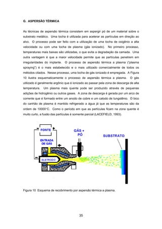 G. ASPERSÃO TÉRMICA
As técnicas de aspersão térmica consistem em aspergir pó de um material sobre o
substrato metálico. Uma tocha é utilizada para acelerar as partículas em direção ao
alvo. O processo pode ser feito com a utilização de uma tocha de oxigênio a alta
velocidade ou com uma tocha de plasma (gás ionizado). No primeiro processo,
temperaturas mais baixas são utilizadas, o que evita a degradação da camada. Uma
outra vantagem é que a maior velocidade permite que as partículas penetrem em
irregularidades do implante. O processo de aspersão térmica a plasma (“plasma
spraying”) é o mais estabelecido e o mais utilizado comercialmente de todos os
métodos citados. Nesse processo, uma tocha de gás ionizado é empregada. A Figura
10 ilustra esquematicamente o processo de aspersão térmica a plasma. O gás
utilizado é geralmente argônio que é ionizado ao passar pela zona de descarga de alta
temperatura. Um plasma mais quente pode ser produzido através de pequenas
adições de hidrogênio ou outros gases. A zona de descarga é gerada por um arco de
corrente que é formado entre um anodo de cobre e um catodo de tungstênio. O bico
do canhão de plasma é mantido refrigerado a água já que as temperaturas são da
ordem de 10000°C. Como o período em que as partículas ficam na zona quente é
muito curto, a fusão das partículas é somente parcial (LACEFIELD, 1993).
Figura 10 Esquema de recobrimento por aspersão térmica a plasma.
35
 