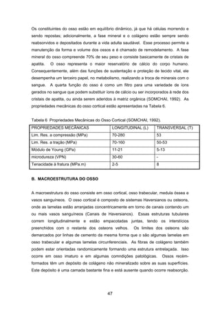 Os constituintes do osso estão em equilíbrio dinâmico, já que há células morrendo e
sendo repostas; adicionalmente, a fase mineral e o colágeno estão sempre sendo
reabsorvidos e depositados durante a vida adulta saudável. Esse processo permite a
manutenção da forma e volume dos ossos e é chamado de remodelamento. A fase
mineral do osso compreende 70% de seu peso e consiste basicamente de cristais de
apatita. O osso representa o maior reservatório de cálcio do corpo humano.
Consequentemente, além das funções de sustentação e proteção de tecido vital, ele
desempenha um terceiro papel, no metabolismo, realizando a troca de minerais com o
sangue. A quarta função do osso é como um filtro para uma variedade de íons
gerados no sangue que podem substituir íons de cálcio ou ser incorporados à rede dos
cristais de apatita, ou ainda serem aderidos à matriz orgânica (SOMCHAI, 1992). As
propriedades mecânicas do osso cortical estão apresentadas na Tabela 6.
Tabela 6 Propriedades Mecânicas do Osso Cortical (SOMCHAI, 1992).
PROPRIEDADES MECÂNICAS LONGITUDINAL (L) TRANSVERSAL (T)
Lim. Res. a compressão (MPa) 70-280 53
Lim. Res. a tração (MPa) 70-160 50-53
Módulo de Young (GPa) 11-21 5-13
microdureza (VPN) 30-60 -
Tenacidade à fratura (MPa.m) 2-5 8
B. MACROESTRUTURA DO OSSO
A macroestrutura do osso consiste em osso cortical, osso trabecular, medula óssea e
vasos sanguíneos. O osso cortical é composto de sistemas Haversianos ou osteons,
onde as lamelas estão arranjadas concentricamente em torno de canais contendo um
ou mais vasos sanguíneos (Canais de Haversianos). Essas estruturas tubulares
correm longitudinalmente e estão empacotadas juntas, tendo os interstícios
preenchidos com o restante dos osteons velhos. Os limites dos osteons são
demarcados por linhas de cemento da mesma forma que o são algumas lamelas em
osso trabecular e algumas lamelas circunferenciais. As fibras de colágeno também
podem estar orientadas randomicamente formando uma estrutura entrelaçada. Isso
ocorre em osso imaturo e em algumas comndições patológicas. Ossos recém-
formados têm um depósito de colágeno não mineralizado sobre as suas superfícies.
Este depósito é uma camada bastante fina e está ausente quando ocorre reabsorção.
47
 