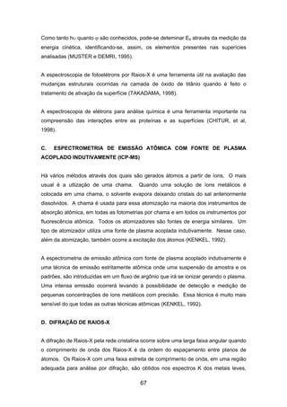 Como tanto hυ quanto ϕ são conhecidos, pode-se deteminar Eb através da medição da
energia cinética, identificando-se, assim, os elementos presentes nas superícies
analisadas (MUSTER e DEMRI, 1995).
A espectroscopia de fotoelétrons por Raios-X é uma ferramenta útil na avaliação das
mudanças estruturais ocorridas na camada de óxido de titânio quando é feito o
tratamento de ativação da superfície (TAKADAMA, 1998).
A espectroscopia de elétrons para análise química é uma ferramenta importante na
compreensão das interações entre as proteínas e as superfícies (CHITUR, et al,
1998).
C. ESPECTROMETRIA DE EMISSÃO ATÔMICA COM FONTE DE PLASMA
ACOPLADO INDUTIVAMENTE (ICP-MS)
Há vários métodos através dos quais são gerados átomos a partir de íons. O mais
usual é a utlização de uma chama. Quando uma solução de íons metálicos é
colocada em uma chama, o solvente evapora deixando cristais do sal anteriormente
dissolvidos. A chama é usada para essa atomização na maioria dos instrumentos de
absorção atômica, em todas as fotometrias por chama e em todos os instrumentos por
fluorescência atômica. Todos os atomizadores são fontes de energia similares. Um
tipo de atomizador utiliza uma fonte de plasma acoplada indutivamente. Nesse caso,
além da atomização, também ocorre a excitação dos átomos (KENKEL, 1992).
A espectrometria de emissão atômica com fonte de plasma acoplado indutivamente é
uma técnica de emissão estritamente atômica onde uma suspensão da amostra e os
padrões, são introduzidas em um fluxo de argônio que irá se ionizar gerando o plasma.
Uma intensa emissão ocorrerá levando à possibilidade de detecção e medição de
pequenas concentrações de íons metálicos com precisão. Essa técnica é muito mais
sensível do que todas as outras técnicas atômicas (KENKEL, 1992).
D. DIFRAÇÃO DE RAIOS-X
A difração de Raios-X pela rede cristalina ocorre sobre uma larga faixa angular quando
o comprimento de onda dos Raios-X é da ordem do espaçamento entre planos de
átomos. Os Raios-X com uma faixa estreita de comprimento de onda, em uma região
adequada para análise por difração, são obtidos nos espectros K dos metais leves,
67
 