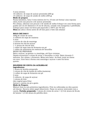 5 ovos inteiros
10 colheres de sopa de açúcar peneirado (200 g)
15 colheres de sopa de amido de milho (200 g)
Modo de preparo
Numa batedeira, bata 5 ovos inteiros de 8 a 10 min até formar uma espuma
clara.Junte aos poucos o de açúcar peneirado.
Por último, adicione aos poucos o de amido de milho.Coloque em uma forma para
pudim (22 cm de diâmetro x 8 cm de altura), untada com margarina e polvilhada.
Coloque para assar em forno pré-aquecido a 180°C por 40 min.
Dica:não abra o forno antes de 20 min para o bolo não abaixar
BOLO CHÁ DAS 5
400g de creme de arroz
3 colheres de sopa de maisena
4 ovos
½ xícara de chá de manteiga
2 xícaras de chá de açúcar
1 ½ xícara de chá de leite
1 colher de sopa rasa de fermento em pó
1 colher de sobremesa de essência de baunilha
MODO DE PREPARAR:
Bata o açúcar, as gemas e a manteiga, até ficar cremosa.
Depois acrescente o creme de arroz, a baunilha e o leite. Bater durante 5
minutos. Por ultimo, o fermento. Mexa sem bater. Ao final, junte as claras
em neve. Unte bem a forma com manteiga e açúcar e asse em forno
quente.
BOLINHOS DE CHUVA DA ACELBRA-SC
Ingredientes:
1 xícara de farinha preparada
½ xícara de chá de amido de milho (maisena)
½ colher de sopa de fermento em pó
2 ovos
4 colheres de sopa de açúcar
½ xícara de leite
óleo vegetal para fritar
Açúcar e canela em pó a gosto.
Modo de Preparo:
Misture bem os seis primeiros ingredientes. Frite às colheradas no óleo quente
até dourar. Escorra sobre papel absorvente. Passe no açúcar misturado com a
canela. Farinha preparada: 1 xícara de creme de arroz + 2/3 de xícara de fécula
de batata+ 1/3 de xícara de polvilho doce.
 