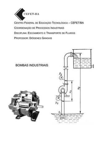 CCENTROENTRO FFEDERALEDERAL DEDE EEDUCAÇÃODUCAÇÃO TTECNOLÓGICAECNOLÓGICA – CEFET/BA– CEFET/BA
CCOORDENAÇÃOOORDENAÇÃO DEDE PPROCESSOSROCESSOS IINDUSTRIAISNDUSTRIAIS
DDISCIPLINAISCIPLINA: E: ESCOAMENTOSCOAMENTO EE TTRANSPORTERANSPORTE DEDE FFLUIDOSLUIDOS
PPROFESSORROFESSOR: D: DIÓGENESIÓGENES GGANGHISANGHIS
BOMBAS INDUSTRIAISBOMBAS INDUSTRIAIS
 