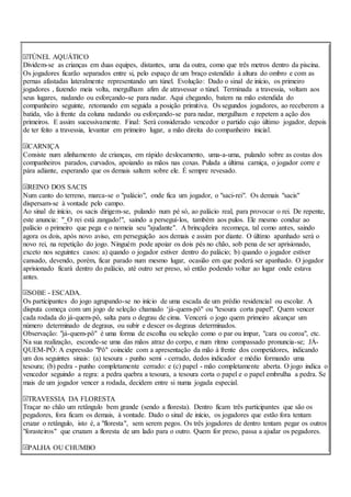 TÚNEL AQUÁTICO
Dividem-se as crianças em duas equipes, distantes, uma da outra, como que três metros dentro da piscina.
Os jogadores ficarão separados entre si, pelo espaço de um braço estendido à altura do ombro e com as
pernas afastadas lateralmente representando um túnel. Evolução: Dado o sinal de início, os primeiro
jogadores , fazendo meia volta, mergulham afim de atravessar o túnel. Terminada a travessia, voltam aos
seus lugares, nadando ou esforçando-se para nadar. Aqui chegando, batem na mão estendida do
companheiro seguinte, retomando em seguida a posição primitiva. Os segundos jogadores, ao receberem a
batida, vão à frente da coluna nadando ou esforçando-se para nadar, mergulham e repetem a ação dos
primeiros. E assim sucessivamente. Final: Será considerado vencedor o partido cujo último jogador, depois
de ter feito a travessia, levantar em primeiro lugar, a mão direita do companheiro inicial.
CARNIÇA
Consiste num alinhamento de crianças, em rápido deslocamento, uma-a-uma, pulando sobre as costas dos
companheiros parados, curvados, apoiando as mãos nas coxas. Pulada a última carniça, o jogador corre e
pára adiante, esperando que os demais saltem sobre ele. É sempre revesado.
REINO DOS SACIS
Num canto do terreno, marca-se o "palácio", onde fica um jogador, o "saci-rei". Os demais "sacis"
dispersam-se à vontade pelo campo.
Ao sinal de início, os sacis dirigem-se, pulando num pé só, ao palácio real, para provocar o rei. De repente,
este anuncia: "_O rei está zangado!", saindo a perseguí-los, também aos pulos. Ele mesmo conduz ao
palácio o primeiro que pega e o nomeia seu "ajudante". A brincqdeira recomeça, tal como antes, saindo
agora os dois, após novo aviso, em perseguição aos demais e assim por diante. O último apanhado será o
novo rei, na repetição do jogo. Ninguém pode apoiar os dois pés no chão, sob pena de ser aprisionado,
exceto nos seguintes casos: a) quando o jogador estiver dentro do palácio; b) quando o jogador estiver
cansado, devendo, porém, ficar parado num mesmo lugar, ocasião em que poderá ser apanhado. O jogador
aprisionado ficará dentro do palácio, até outro ser preso, só então podendo voltar ao lugar onde estava
antes.
SOBE - ESCADA.
Os participantes do jogo agrupando-se no início de uma escada de um prédio residencial ou escolar. A
disputa começa com um jogo de seleção chamado ‘já-quem-pô" ou "tesoura corta papel". Quem vencer
cada rodada do já-quem-pô, salta para o degrau de cima. Vencerá o jogo quem primeiro alcançar um
número determinado de degraus, ou subir e descer os degraus determinados.
Observação: "já-quem-pô" é uma forma de escolha ou seleção como o par ou ímpar, "cara ou coroa", etc.
Na sua realização, esconde-se uma das mãos atraz do corpo, e num ritmo compassado pronuncia-se; JÁ-
QUEM-PÔ: A expressão "Pô" coincide com a apresentação da mão à frente dos competidores, indicando
um dos seguintes sinais: (a) tesoura - punho semi - cerrado, dedos indicador e médio formando uma
tesoura; (b) pedra - punho completamente cerrado: e (c) papel - mão completamente aberta. O jogo indica o
vencedor seguindo a regra: a pedra quebra a tesoura, a tesoura corta o papel e o papel embrulha a pedra. Se
mais de um jogador vencer a rodada, decidem entre si numa jogada especial.
TRAVESSIA DA FLORESTA
Traçar no chão um retângulo bem grande (sendo a floresta). Dentro ficam três participantes que são os
pegadores, fora ficam os demais, à vontade. Dado o sinal de início, os jogadores que estão fora tentam
cruzar o retângulo, isto é, a "floresta", sem serem pegos. Os três jogadores de dentro tentam pegar os outros
"forasteiros" que cruzam a floresta de um lado para o outro. Quem for preso, passa a ajudar os pegadores.
PALHA OU CHUMBO
 