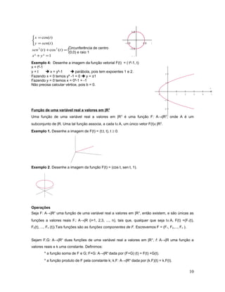 −4 −3 −2 −1 1 2 3 4 5
−4
−3
−2
−1
1
2
3
4
x
y
1²²
1)(cos)(
)(
)cos(
22
=+
=+



=
=
yx
ttsen
tseny
tx
−4.0 −3.0 −2.0 −1.0 1.0 2.0 3.0 4.0 5.0
−4.0
−3.0
−2.0
−1.0
1.0
2.0
3.0
4.0
Exemplo 4: Desenhe a imagem da função vetorial F(t) = ( t²-1, t)
x = t²-1
y = t  x = y²-1  parábola, pois tem expoentes 1 e 2.
Fazendo x = 0 temos y² -1 = 0  y = ±1
Fazendo y = 0 temos x = 0²-1 = -1
Não precisa calcular vértice, pois b = 0.
Função de uma variável real a valores em |R3
Uma função de uma variável real a valores em |R3
é uma função F: A→|R3
, onde A é um
subconjunto de |R. Uma tal função associa, a cada t∈A, um único vetor F(t)∈|R3
.
Exemplo 1. Desenhe a imagem de F(t) = (t,t, t), t ≥ 0.
Exemplo 2. Desenhe a imagem da função F(t) = (cos t, sen t, 1).
Operações
Seja F: A→|Rn
uma função de uma variável real a valores em |Rn
, então existem, e são únicas as
funções a valores reais Fi: A→|R (i=1, 2,3, ..., n), tais que, qualquer que seja t∈A, F(t) =(F1(t),
F2(t), ..., Fn (t)).Tais funções são as funções componentes de F. Escrevemos F = (F1, F2,..., Fn ).
Sejam F,G: A→|Rn
duas funções de uma variável real a valores em |Rn
, f: A→|R uma função a
valores reais e k uma constante. Definimos:
* a função soma de F e G; F+G: A→|Rn
dada por (F+G) (t) = F(t) +G(t).
* a função produto de F pela constante k; k.F: A→|Rn
dada por (k.F)(t) = k.F(t).
10
Circunferência de centro
(0,0) e raio 1
 