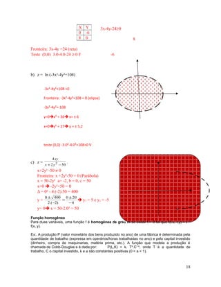 3x-4y-24≥0
8
Fronteira: 3x-4y =24 (reta)
Teste (0,0) 3.0-4.0-24 ≥ 0 F -6
b) z = ln (-3x²-4y²+108)
-3x²-4y²+108 >0
Fronteira: -3x²-4y²+108 = 0 (elipse)
-3x²-4y²=-108
y=0x² = 36 x= ± 6
x=0y² = 27 y = ± 5,2
teste (0,0) -3.0²-4.0²+108>0 V
c) z =
502
4
2
−+ yx
xy
.
x+2y² -50 ≠ 0
Fronteira: x +2y²-50 = 0 (Parábola)
x = 50-2y² a= -2, b = 0, c = 50
x=0  -2y²+50 = 0
∆ = 0² - 4.(-2).50 = 400
y =
4
200
)2.(2
4000
−
±
=
−
±
 y1 = 5 e y2 = -5
y= 0 x = 50-2.0² = 50
Função homogênea
Para duas variáveis, uma função f é homogênea de grau m se existir t > 0 tal que f(t.x, t.y) = t m
f(x, y).
Ex:. A produção P (valor monetário dos bens produzido no ano) de uma fábrica é determinada pela
quantidade de trabalho (expressa em operários/horas trabalhadas no ano) e pelo capital investido
(dinheiro, compra de maquinarias, matéria prima, etc.). A função que modela a produção é
chamada de Cobb-Douglas e é dada por: P(L,K) = k. Ta
.C1-a
, onde T é a quantidade de
trabalho, C o capital investido, k e a são constantes positivas (0 < a < 1).
18
X Y
0 -6
8 0
 