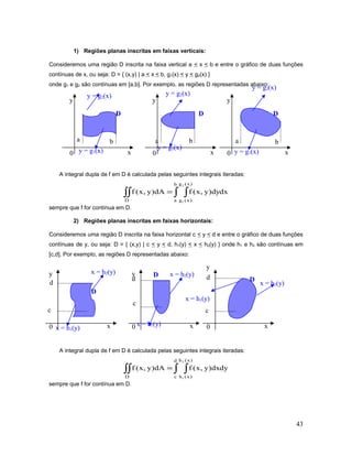 1) Regiões planas inscritas em faixas verticais:
Consideremos uma região D inscrita na faixa vertical a < x < b e entre o gráfico de duas funções
contínuas de x, ou seja: D = { (x,y) | a < x < b, g1(x) < y < g2(x) }
onde g1 e g2 são contínuas em [a,b]. Por exemplo, as regiões D representadas abaixo:
A integral dupla de f em D é calculada pelas seguintes integrais iteradas:
∫ ∫∫∫ =
b
a
)x(g
)x(gD
dxdy)y,x(fdA)y,x(f
2
1
sempre que f for contínua em D.
2) Regiões planas inscritas em faixas horizontais:
Consideremos uma região D inscrita na faixa horizontal c < y < d e entre o gráfico de duas funções
contínuas de y, ou seja: D = { (x,y) | c < y < d, h1(y) < x < h2(y) } onde h1 e h2 são contínuas em
[c,d]. Por exemplo, as regiões D representadas abaixo:
A integral dupla de f em D é calculada pelas seguintes integrais iteradas:
∫ ∫∫∫ =
d
c
)x(h
)x(hD
dydx)y,x(fdA)y,x(f
2
1
sempre que f for contínua em D.
43
DD
x
y
0
DD
x
y
0
DD
x
y
0
bbb aaa
y = g1(x)y = g1(x) y = g1(x)
y = g2(x)
y = g2(x)y = g2(x)
DD
x
y
0
DD
x
y
0
DD
x
y
0
dd
d
c
c
c
x = h1(y)
x = h1(y)
x = h1(y)
x = h2(y)
x = h2(y)x = h2(y)
 
