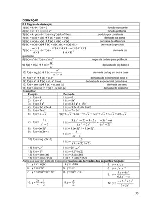 DERIVAÇÃO
0.1 Regras de derivação
1) f(x) = k à f ’(x) = 0 função constante
2) f(x) = xn
à f ’(x) = n.xn-1
função potência
3) f(x) = k. g(x) à f ’(x) = k.g’(x) (k nº fixo) produto por constante
4) f(x) = u(x) + v(x) à f ’(x) = u’(x) + v’(x) derivada da soma
5) f(x) = u(x) – v(x) à f ’(x) = u’(x) – v’(x) derivada da diferença
6) f(x) = u(x).v(x)à f ’(x) = u’(x).v(x) + u(x).v’(x) derivada do produto
7) f(x) =
)(
)(
xv
xu
à f ’(x) = 2
))((
)(').()().('
xv
xvxuxvxu −
derivada do
quociente
8) f(x)= un
à f ’(x) = u’.n.un-1
regra da cadeia para potência
9) f(x) = ln(u) à f ’(x)=
u
u'
derivada do log base e
10) f(x) = loga(u) à f ’(x) =
au
u
ln.
'
derivada do log em outra base
11) f(x) = eu
à f ’(x) = u’.eu
derivada da exponencial base e
12) f(x) = au
à f ’(x) = u’. au
.ln(a) derivada da exponencial outra base
13) f(x) = sen (u)à f ’(x) = u’.cos (u) derivada do seno
14) f(x) = cos (u) à f ’(x) = - u’.sen (u) derivada do cosseno
Exemplos:
Função Derivada
1) f(x) = 9 f ’(x) = 0
2) f(x) = x5
f ’(x) = 5x4
3) f(x) = 3.x5
f ’(x) = 3.5.x4
= 15x4
4) f(x) = 3x2
+2x+4 f ’(x) = 3.2x+2+0= 6x+2
5) f(x) = 7x-x3
f ’(x) = 7 – 3x2
6) f(x) = x. x f’(x)=1. x +x.½x – ½
= x + ½ x ½
= x +½ x = 3/2. x
7) f(x) =
2
3
2
−x
x
f ’(x) = 22
2
)2(
2.3)2.(3
−
−−
x
xxx
= 22
2
)2(
63
−
−−
x
x
8) f(x) =(x+2)8
f ’(x)= 8.(x+2)7
.1= 8.(x+2)7
.
9) f(x) = ln(3x-4)
f ’(x) =
43
3
−x
10) f(x) = log 2(5x+3)
f ’(x) =
)2ln()35(
5
+x
11) f(x) =
3x
e f ’(x) =3x2
.
3x
e
12) f(x) = 24x
f ’(x) = 4.24x
.ln(2)
13) f(x) = sen (3x) f ’(x) = 3.cox(3x)
14) f(x) = cos (7x+2) f’(x) = -7 .sen(7x+2)
Agora é a sua vez! Lista de Exercícios: Calcule as derivadas das seguintes funções:
1. y = x3
. log(x) 2.y = -0,6x 3. y = x. x
4. y = 3-x6
+x8
5. y = -x3
6. y = x .x –1
7. y = 4x+5x2
+6x3
+7x4
8. y = 6x2
+ 7-x
9. y =
xx
xx
−
+
4
2
5,0
43
10. y =
2
1
4
3
+
x
11.y =
2
x
12. y = 5
32
53
32
x
xxx
+
++
55
 