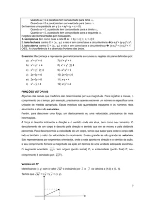 Quando a > 0 a parábola tem concavidade para cima ∪,
Quando a < 0 a parábola tem concavidade para baixo ∩.
Se tivermos uma parábola em y ( x + ay2
+by + c = 0):
Quando a > 0, a parábola tem concavidade para a direita ⊂,
Quando a < 0, a parábola tem concavidade para a esquerda ⊃.
Regiões são representadas por inequações.
1. semiplanos tem como base a reta ax + by + c [ <, ≤, >,≥] 0
2. bola fechada centro C = (x0 , y0) e raio r tem como base a circunferência (x-x0)2
+ (y-y0)2
≤ r2
.
3. bola aberta centro C = (x0 , y0) e raio r tem como base a circunferência  (x-x0)2
+ (y-y0)2
< r2
.
OBS.: A circunferência é a chamada fronteira das bolas.
Exercício: Reconheça e represente geometricamente as curvas ou regiões do plano definidas por:
a) x2
+ y2
= 4 7) x2
+ y2
< 4
b) x2
+ y2
> 4 8) x2
+ y2
≤ 4
c) x2
+ y2
≥ 4 9) –x2
-y2
> 9
d) 2x+3y = 6 10) 2x+3y ≤ 6
e) 2x+3y > 6 11) x-y < 4
f) x2
– y > 4 12) x+y2
≤ 4
FUNÇÕES VETORIAIS
Algumas das coisas que medimos são determinadas por sua magnitude. Para registrar a massa, o
comprimento ou o tempo, por exemplo, precisamos apenas escrever um número e especificar uma
unidade de medida apropriada. Essas medidas são quantidades escalares e os números reais
associados a elas são escalares.
Porém, para descrever uma força, um deslocamento ou uma velocidade, precisamos de mais
informações.
A força é descrita indicando a direção e o sentido onde ela atua, bem como seu tamanho. O
descolamento de um corpo é descrito pela direção e sentido que ele se moveu e pela distância
percorrida. Para descrevermos a velocidade de um corpo, temos que saber para onde o corpo está
indo e também o valor da velocidade do movimento. Essas grandezas são grandezas vetoriais.
São representados por segmentos orientados, onde a seta aponta na direção e o sentido da ação,
e seu comprimento fornece a magnitude da ação em termos de uma unidade adequada escolhida.
O segmento orientado OP tem origem (ponto inicial) O, e extremidade (ponto final) P, seu
comprimento é denotado por | OP |.
Vetores em R²
Identificando (x, y) com o vetor OP e indicando por i e j os vetores a (1,0) e (0, 1).
Temos que OP = x i +y j = (x, y).
7
 