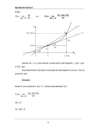 Apostila de Cálculo I
14
x
x
y∆
x∆
)xx(f ∆+
P
Q
β
α
f (x)
s
xx ∆+
t
α
Então:
∆x
∆y
0∆x
lim(x)f
→
=′ ou
∆x
f(x)-∆x)f(x
0∆x
lim(x)f
++++
→→→→
====′′′′
Quando 0∆x → , a reta secante s tende para a reta tangente t , αtgβtg →
e αtg(x)f =′ .
Geometricamente (x)f′ mede a inclinação da reta tangente à curva y = f(x) no
ponto P(x, f(x)).
Exemplo:
Sendo C uma constante e f(x) = C , calcular pela definição )(xf′ .
∆x
f(x)-∆x)f(x
0∆x
lim(x)f
+
→
=′
Cf(x) =
C∆x)f(x =+
y
 