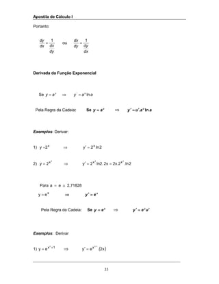 Apostila de Cálculo I
33
Portanto:
1
ou
1
dx
dydy
dx
dy
dxdx
dy
==
Derivada da Função Exponencial
Se aayay xx
ln'
=⇒=
Pela Regra da Cadeia: Se u
ay ==== ⇒ aauy u
ln.′′′′====′′′′
Exemplos: Derivar:
1) 2ln2y2y xx
=′⇒=
2) 2ln.2x.22xln2.2y2y
222
xxx
==′⇒=
Para 2,71828ea ≅=
x
ey = ⇒⇒⇒⇒ x
ey ====′′′′
Pela Regra da Cadeia: Se u
ey ==== ⇒ uey u
′′′′====′′′′
Exemplos: Derivar
1) 1x2
ey +
= ⇒ ( )x2.ey
12
x +
=′
 