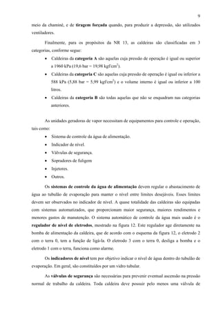 9
meio da chaminé, e de tiragem forçada quando, para produzir a depressão, são utilizados
ventiladores.
Finalmente, para os propósitos da NR 13, as caldeiras são classificadas em 3
categorias, conforme segue:
• Caldeiras da categoria A são aquelas cuja pressão de operação é igual ou superior
a 1960 kPa (19,6 bar = 19,98 kgf/cm2
).
• Caldeiras da categoria C são aquelas cuja pressão de operação é igual ou inferior a
588 kPa (5,88 bar = 5,99 kgf/cm2
) e o volume interno é igual ou inferior a 100
litros.
• Caldeiras da categoria B são todas aquelas que não se enquadram nas categorias
anteriores.
As unidades geradoras de vapor necessitam de equipamentos para controle e operação,
tais como:
• Sistema de controle da água de alimentação.
• Indicador de nível.
• Válvulas de segurança.
• Sopradores de fuligem
• Injetores.
• Outros.
Os sistemas de controle da água de alimentação devem regular o abastacimento de
água ao tubulão de evaporação para manter o nível entre limites desejáveis. Esses limites
devem ser observados no indicador de nível. A quase totalidade das caldeiras são equipadas
com sistemas automatizados, que proporcionam maior segurança, maiores rendimentos e
menores gastos de manutenção. O sistema automático de controle da água mais usado é o
regulador de nível de eletrodos, mostrado na figura 12. Este regulador age diretamente na
bomba de alimentação da caldeira, que de acordo com o esquema da figura 12, o eletrodo 2
com o terra 0, tem a função de ligá-la. O eletrodo 3 com o terra 0, desliga a bomba e o
eletrodo 1 com o terra, funciona como alarme.
Os indicadores de nível tem por objetivo indicar o nível de água dentro do tubulão de
evaporação. Em geral, são constituídos por um vidro tubular.
As válvulas de segurança são necessárias para prevenir eventual ascensão na pressão
normal de trabalho da caldeira. Toda caldeira deve possuir pelo menos uma válvula de
 