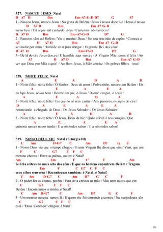 101 
527. NASCEU JESUS Natal 
D A7 D Bm Em-A7-G-D D7 G A7 
1 - Nasceu Jesus, nasceu Jesus / Na gruta de Belém / Jesus é nossa doce luz / Jesus é nosso 
D A7 D Bm Em A7 G-D 
sumo bem / Há anjos mil cantando além / Cantemos nós também! 
D A7 D Bm Em-A7-G-D D7 G 
2 - Pastores vêm até Belém / Ver o menino Deus / No seu bercinho de capim / Começa a 
A7 D A7 D Bm Em A7 G-D 
se imolar por mim / Humilde altar para abrigar / O grande Rei dos céus! 
D A7 D Bm Em-A7-D D7 G 
3 - De lá do céu Jesus desceu / E humilde aqui nasceu / A Virgem Mãe, como é feliz / Ao 
A7 D A7 D Bm Em-A7 G-D 
ver que Deus por Mãe a quis! / Ao Bom Jesus, ó Mãe conduz / Os pobres filhos teus! 
528. NOITE FELIZ Natal 
A E A D A D 
1 - Noite feliz, noite feliz / Ó Senhor, Deus de amor / Pobrezinho, nasceu em Belém / Eis 
A E A E A 
na lapa Jesus, nosso bem / Dorme em paz, ó Jesus / Dorme em paz, ó Jesus! 
A E A D A 
2 - Noite feliz, noite feliz / Eis que no ar vem cantar / Aos pastores, os anjos do céu / 
D A E A E A 
Anunciando a chegada de Deus / De Jesus Salvador / De Jesus Salvador! 
A E A D A D 
3 - Noite feliz, noite feliz / Ó Jesus, Deus da luz / Quão afável é teu coração / Que 
A E A E A 
quiseste nascer nosso irmão / E a nós todos salvar / E a nós todos salvar! 
529. NOSSO DEUS VIU Natal (Liturgia III) 
C Am D-G7 C Am D7 G C 
1 - Nosso Deus viu que o tempo chegou / E uma Virgem lhe disse que sim / Vem, que um 
F C G7 C F C 
menino chorou / Entre as palhas, assim: é Natal! 
Am Em F Cº C Am 
Glória a Deus no mais alto dos céus / E que os homens encontrem Belém / Tragam 
Em F C G7 C F C 
seus olhos sem véus / Reconheçam também: é Natal, é Natal! 
C Am D-G7 C Am D7 G C F 
2 - O poder fez as contas, porém / Para ter a certeza na mão / Mas nem notou que em 
C G7 C F C 
Belém / Encontramos o irmão, é Natal! 
C Am D-G7 C Am D7 G C F 
3 - Um menino nasceu, vamos lá / E quem viu foi correndo e contou / Na manjedoura ele 
C G7 C F C 
está / "Deus Conosco" chegou: é Natal! 
 