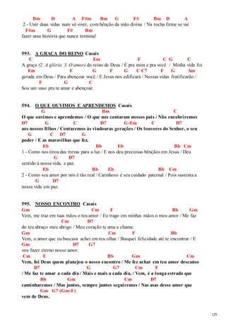 129 
Bm D A F#m Bm G F# Bm D A 
2 - Unir duas vidas num só viver, com bênção da mão divina / Na rocha firme se vai 
F#m G F# Bm 
fazer uma história que nunca termina! 
593. A GRAÇA DO REINO Casais 
C Em F C G C 
A graça (2. A glória 3. O amor) do reino de Deus / É pra mim e pra você / Minha vida foi 
Em F G F G C C7 F G Am 
gerada em Deus / Para abençoar você / E Jesus nos edificará / Nossas vidas frutificarão / 
F G C 
Sou um vaso pra te amar e abençoar. 
594. O QUE OUVIMOS E APRENDEMOS Casais 
G Bm C 
O que ouvimos e aprendemos / O que nos contaram nossos pais / Não encobriremos 
D7 G C D7 G-Em C D7 
aos nossos filhos / Contaremos às vindouras gerações / Os louvores do Senhor, o seu 
G C D7 G 
poder / E as maravilhas que fez. 
Eb Bb Eb Bb Cm 
1 - Como nos tirou das trevas para a luz / E nos deu preciosas bênçãos em Jesus / Deu 
G D7 
sentido à nossa vida, e paz. 
Eb Bb Eb Bb Cm 
2 - Como seu amor por nós é tão real / Carinhoso é seu cuidado paternal / Pois sustenta a 
G D7 
nossa vida em paz. 
595. NOSSO ENCONTRO Casais 
Gm Cm F Bb Gm 
Vem, me traz em tuas mãos o teu amor / Eu trago em minhas mãos o meu amor / Me faz 
Cm D7 
do teu abraço meu abrigo / Meu coração te ama e chama: 
Gm Cm F Bb 
Vem, o amor que eu buscava achei em teu olhar / Busquei felicidade até te encontrar / E 
Gm D7 G7 
vou fazer eterno nosso amor. 
Cm F Bb Gm Cm 
Vem, foi Deus quem planejou o nosso encontro / Me fez achar em teu amor descanso 
D7 G G7 Cm F 
/ Me faz te amar a cada dia / Mais e mais a cada dia, / Vem, é a longa estrada que 
Bb Gm Cm D7 
caminharemos / Mas juntos, sempre juntos seguiremos / Nas asas desse amor que 
Gm G7 (Gm-F) 
vem de Deus. 
 