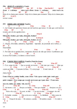 596. JESUS É A ALIANÇA Casais 
130 
G Bm Em-Em/D C Am D7 G Bm Em-Em/D C Am D7 
Jesus é a aliança entre você e Deus / Jesus é a aliança entre você e eu. 
C D7 B7 Em C 
Hoje ele te chama para renovar / Hoje ele te chama para restaurar / Hoje ele te chama para 
D7 G (G7) 
reviver e amar 
597. OBRIGADO SENHOR Família 
A E F#m C#m D A 
1 - Ao Criador nós queremos louvar por mil motivos que temos / A vida que a mil motivos 
F#m B7 E 
resume, por ela nós agradecemos. 
A E F#m-E 
Obrigado, Senhor, por tudo, obrigado, Senhor! 
F#m A E-F#m-E 
Obrigado, Senhor, por tudo, obrigado, Senhor, ô, ô, ô. 
A E F#m C#m D A F#m 
2 - Alegria, felicidade, sabedoria, fragilidade. / Aprender, da juventude até à velhice, a 
B7 E 
fraternidade. 
A E F#m C#m D 
3 - Por tudo nós te agradecemos, momentos diversos da vida que temos / Lembramos que 
A F#m B7 E 
és nosso Pai Criador, e te damos o nosso louvor. 
598. É BOM TER FAMÍLIA Família (Natal de Jesus) 
E F#m B7 E C#m F#m B7 
1 - É no campo da vida / Que se esconde um tesouro / Vale mais que o ouro, / Mais que 
E C#m A B7 E C#m F#m B7 
a prata que brilha / É presente de Deus, / É o céu já aqui / O amor mora ali / E se 
E A 
chama família. 
E B7 
Como é bom ter a minha família, como é bom / Vale a pena vender tudo o mais para 
E B7 E B7 F#m 
poder comprar / Esse campo que esconde um tesouro que é puro dom / É meu ouro, 
B7 E A 
meu céu, minha paz, minha vida, meu lar. 
E F#m B7 E C#m F#m B7 E 
2 - Até mesmo o céu / Desejou ser família / Para que a família / Desejasse ser céu / 
C#m A B7 E C#m F#m B7 E A 
Nela se faz a paz / No ouvir, no falar / E na arte de amar, / O amargor vira mel. 
E F#m B7 E C#m F#m B7 
3 - Na família a mentira / Não se dá com a verdade / E a fidelidade / Sabe o peso da 
E C#m A B7 E C#m F#m B7 
cruz / Porque lá há amor, / Há renúncia e perdão / Há também oração / E o chefe é 
E A 
Jesus. 
 