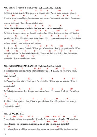 785. HOJE É FESTA DIFERENTE (Celebrações Especiais I) 
210 
C F G F C Dm C 
1 - Hoje é festa diferente / Pra quem vive como irmão / Nossa mesa tem mais gente, / 
D7 G C F G F C F 
Cresce a nossa comunhão. / Sim, cantando nós iremos / Ao encontro do altar, / Porque nós 
C G7 C 
também queremos / Este pão que ajuda a amar 
F C G C F C G C 
Pai do céu, ó dá-nos de teu pão, / Que nos faz viver em comunhão. 
C F G F C Dm C D7 
2 - Hoje é festa de esperança / Amanhã será melhor. / Uma Igreja sem criança / É jardim 
G C F G F C F 
que não tem flor. / Sim, parece um sonho lindo, / Ter o céu em nossas mãos… / Com Jesus 
C G7 C 
a nós se unindo, / Nós seremos mais irmãos 
C F G F C Dm C 
3 - Sendo assim, nossa Comida / Cristo quer só construir / Sua Igreja, gente unida, / Para 
D7 G C F G F C F 
o mundo redimir. / A Divina Onipotência, / Como o sol dá vida à flor, /Pra fazer nossa 
C G7 C 
inocência, / Por no mundo mais amor. 
786. NÓS SOMOS UMA FAMÍLIA (Celebrações Especiais I) 
A E D E7 A A7 D A 
Nós somos uma família, / Este altar assim nos faz: / E a gente vai repartir o amor, 
E A 
o pão e a paz! 
D A E A D A B7 
1 - Preparemos este altar, / Dom que o Pai concedeu. / Cristo aqui vai ensinar / Todo o 
E 
amor do céu! 
D A E A D A B7 
2 - Todos juntos vamos lá, / Sempre amar nosso Deus. / E começa desde já, / Para nós, o 
E 
céu! 
D A E A D A 
3 - Vinho e luz, o pão e a flor, / Tudo o que o Pai nos deu, / Repartimos com amor, / 
B7 E 
Construindo o céu! 
787. A PAZ DO CÉU 
D Bm Em A7 D Bm Em A7 D A7 
A paz do céu encheu meu coração / Quando Jesus me deu a salvação / Minha alma 
D Bm Em A7 D 
então louvou / e a luz em mim raiou / A paz do céu encheu meu coração! 
D A7 
1 - Maravilhoso e sublime pra mim / Sim, nunca me esquecerei / Dia glorioso em que 
 