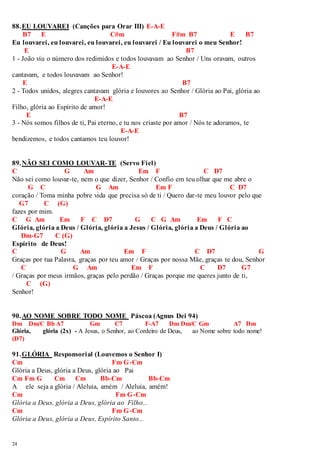 88. EU LOUVAREI (Canções para Orar III) E-A-E 
24 
B7 E C#m F#m B7 E B7 
Eu louvarei, eu louvarei, eu louvarei, eu louvarei / Eu louvarei o meu Senhor! 
E B7 
1 - João viu o número dos redimidos e todos louvavam ao Senhor / Uns oravam, outros 
E-A-E 
cantavam, e todos louvavam ao Senhor! 
E B7 
2 - Todos unidos, alegres cantavam glória e louvores ao Senhor / Glória ao Pai, glória ao 
E-A-E 
Filho, glória ao Espírito de amor! 
E B7 
3 - Nós somos filhos de ti, Pai eterno, e tu nos criaste por amor / Nós te adoramos, te 
E-A-E 
bendizemos, e todos cantamos teu louvor! 
89. NÃO SEI COMO LOUVAR-TE (Servo Fiel) 
C G Am Em F C D7 
Não sei como louvar-te, nem o que dizer, Senhor / Confio em teu olhar que me abre o 
G C G Am Em F C D7 
coração / Toma minha pobre vida que precisa só de ti / Quero dar-te meu louvor pelo que 
G7 C (G) 
fazes por mim. 
C G Am Em F C D7 G C G Am Em F C 
Glória, glória a Deus / Glória, glória a Jesus / Glória, glória a Deus / Glória ao 
Dm-G7 C (G) 
Espírito de Deus! 
C G Am Em F C D7 G 
Graças por tua Palavra, graças por teu amor / Graças por nossa Mãe, graças te dou, Senhor 
C G Am Em F C D7 G7 
/ Graças por meus irmãos, graças pelo perdão / Graças porque me queres junto de ti, 
C (G) 
Senhor! 
90. AO NOME SOBRE TODO NOME Páscoa (Agnus Dei 94) 
Dm Dm/C Bb A7 Gm C7 F-A7 Dm Dm/C Gm A7 Dm 
Glória, glória (2x) - A Jesus, o Senhor, ao Cordeiro de Deus, ao Nome sobre todo nome! 
(D7) 
91. GLÓRIA Responsorial (Louvemos o Senhor I) 
Cm Fm G-Cm 
Glória a Deus, glória a Deus, glória ao Pai 
Cm Fm G Cm Cm Bb-Cm Bb-Cm 
A ele seja a glória / Aleluia, amém / Aleluia, amém! 
Cm Fm G-Cm 
Glória a Deus, glória a Deus, glória ao Filho... 
Cm Fm G-Cm 
Glória a Deus, glória a Deus, Espírito Santo... 
 