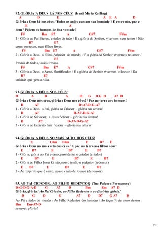 25 
92. GLÓRIA A DEUS LÁ NOS CÉUS! (Irmã Míria Kolling) 
A D E A E A D 
Glória a Deus lá nos céus / Todos os anjos cantam sua bondade / E entre nós, paz e 
E A 
bem / Pedem os homens de boa vontade! 
F# Bm E7 A C#7 F#m 
1 - Glória ao Pai Eterno, criador de tudo / É a glória do Senhor, vivermos sem temor / Não 
B7 E7 
como escravos, mas filhos livres. 
F# Bm E7 A C#7 F#m 
2 - Glória a Deus, o Filho, Salvador do mundo / É a glória do Senhor vivermos no amor / 
B7 E7 
Irmãos de todos, todos irmãos. 
F# Bm E7 A C#7 F#m 
3 - Glória a Deus, o Santo, Santificador / É a glória do Senhor vivermos o louvor / Da 
B7 E7 
unidade que gera a vida. 
93. GLÓRIA A DEUS NOS CÉUS! 
D A D A D G D G D A7 D 
Glória a Deus nos céus, glória a Deus nos céus! / Paz na terra aos homens! 
D A7 D-A7-D-G-A7 
1 - Glória a Deus, o Pai, glória ao Criador – glória nas alturas! 
D A7 D-A7-D-G-A7 
2 - Glória ao Salvador, a Jesus Senhor – glória nas alturas! 
D A7 D-A7-D-G-A7 
3 - Glória ao Espírito Santificador – glória nas alturas! 
94. GLÓRIA A DEUS NO MAIS ALTO DOS CÉUS! 
E C#m F#m E B7 E 
Glória a Deus no mais alto dos céus / E paz na terra aos filhos seus! 
E B7 E B7 E B7 
1 - Glória, glória ao Pai eterno, providente e criador (criador) 
E B7 E B7 E B7 
2 - Glória ao Filho Jesus Cristo, nosso irmão e redentor (redentor) 
E B7 E B7 E B7 
3 - Ao Espírito que é santo, nosso canto de louvor (de louvor) 
95. AO PAI CRIADOR, AO FILHO REDENTOR (Tua Palavra Permanece) 
D-G-D G-A-D G A7 D Bm Em A7 D 
Glória, glória / Ao Pai Criador, ao Filho Redentor e ao Espírito, glória! 
D G D G A7 D D7 G A7 D 
Ao Pai criador do mundo / Ao Filho Redentor dos homens / Ao Espírito de amor demos 
Bm Em-A7-D 
sempre: glória! 
 