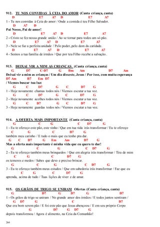 912. TU NOS CONVIDAS À CEIA DO AMOR (Canta criança, canta) 
264 
D E7 A7 D E7 A7 
1 - Tu nos convidas à Ceia do amor / Onde a comida é teu Filho Salvador. 
D A7 D 
Pai Nosso, Pai de amor! 
D E7 A7 D E7 A7 
2 - Cristo se fez nossa grande união / Ao se tornar para todos um só pão. 
D E7 A7 D E7 A7 
3 - Nele se faz a perfeita unidade / Pelo poder, pelo dom da caridade. 
D E7 A7 D E7 A7 
4 - Somos a tua família de irmãos / Que por teu Filho recebe a salvação. 
913. DEIXAI VIR A MIM AS CRIANÇAS (Canta criança, canta) 
G D7 C-D7 G Bm Am D7 Am 
Deixai vir a mim as crianças / Um dia disseste, Jesus / Por isso, com muita esperança 
D7 Am B7 Em D7 
/ Viemos buscar tua luz: 
G C D7 G C D7 G 
1 - Hoje novamente chamas todos nós / Viemos escutar a tua voz. 
G C D7 G C D7 G 
2 - Hoje novamente acolhes todos nós / Viemos escutar a tua voz. 
G C D7 G C D7 G 
3 - Hoje novamente guardas todos nós / Viemos escutar a tua voz. 
914. A OFERTA MAIS IMPORTANTE (Canta criança, canta) 
G C G C D7 G 
1 - Eu te ofereço este pão, este vinho / Que em tua vida irás transformar / Eu te ofereço 
C G C D7 G 
também meu carinho / E tudo o mais que eu tenho pra dar. 
G C D7 G Em Am D7 G 
Mas a oferta mais importante é minha vida que eu quero te dar! 
G C G C D7 G 
2 - Eu te ofereço também meus brinquedos / Que em alegria irás transformar / Tira de mim 
C G C D7 G 
os temores e medos / Sabes que devo e preciso brincar. 
G C G C D7 G 
3 - Eu te ofereço também meus estudos / Que em sabedoria irás transformar / Faz que eu 
C G C D7 G 
aprenda, acima de tudo / Tuas lições de viver e de amar. 
915. OS GRÃOS DE TRIGO SE UNIRAM Ofertas (Canta criança, canta) 
G D7 G D7 G D7 
1 - Os grãos de trigo se uniram / No grande amor dos irmãos / E todos juntos sentiram / 
G D7 G C D7 
Que era bom serem pão / E foi este pão que Jesus abençoou / E em seu próprio Corpo 
G D7 G D7 G 
depois transformou / Agora é alimento, na Ceia da Comunhão! 
 