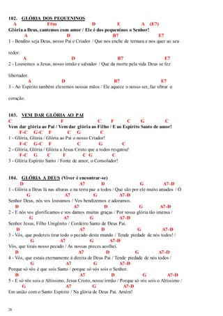 102. GLÓRIA DOS PEQUENINOS 
28 
A F#m D E A (E7) 
Glória a Deus, cantemos com amor / Ele é dos pequeninos o Senhor! 
A D B7 E7 
1 - Bendito seja Deus, nosso Pai e Criador / Que nos enche de ternura e nos quer ao seu 
redor. 
A D B7 E7 
2 - Louvemos a Jesus, nosso irmão e salvador / Que da morte pela vida Deus se fez 
libertador. 
A D B7 E7 
3 - Ao Espírito também elevemos nossas mãos / Ele aquece o nosso ser, faz vibrar o 
coração. 
103. VEM DAR GLÓRIA AO PAI 
C F C F C G C 
Vem dar glória ao Pai / Vem dar glória ao Filho / E ao Espírito Santo de amor! 
F-C G-C F C G C 
1 - Glória, Glória / Glória ao Pai o nosso Criador! 
F-C G-C F C G C 
2 - Glória, Glória / Glória a Jesus Cristo que a todos resgatou! 
F-C G C F C G C 
3 - Glória Espírito Santo / Fonte de amor, o Consolador! 
104. GLÓRIA A DEUS (Viver é encontrar-se) 
D A7 D G A7 -D 
1 - Glória a Deus lá nas alturas e na terra paz a todos / Que são por ele muito amados / Ó 
G A7 G A7-D 
Senhor Deus, nós vos louvamos / Vos bendizemos e adoramos. 
D A7 D G A7-D 
2 - E nós vos glorificamos e vos damos muitas graças / Por vossa glória tão imensa / 
G A7 G A7-D 
Senhor Jesus, Filho Unigênito / Cordeiro Santo de Deus Pai. 
D A7 D G A7 -D 
3 - Vós, que podereis tirar todo o pecado deste mundo / Tende piedade de nós todos! / 
G A7 G A7-D 
Vós, que tirais nosso pecado / As nossas preces acolhei. 
D A7 D G A7 -D 
4 - Vós, que estais eternamente à direita de Deus Pai / Tende piedade de nós todos / 
G A7 G A7-D 
Porque só vós é que sois Santo / porque só vós sois o Senhor. 
D A7 D G A7-D 
5 - E só vós sois o Altíssimo, Jesus Cristo, nosso irmão / Porque só vós sois o Altíssimo / 
G A7 G A7-D 
Em união com o Santo Espírito / Na glória de Deus Pai. Amém! 
 