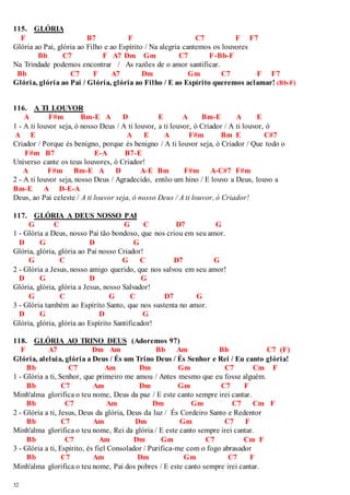 115. GLÓRIA 
32 
F B7 F C7 F F7 
Glória ao Pai, glória ao Filho e ao Espírito / Na alegria cantemos os louvores 
Bb C7 F A7 Dm Gm C7 F-Bb-F 
Na Trindade podemos encontrar / As razões de o amor santificar. 
Bb C7 F A7 Dm Gm C7 F F7 
Glória, glória ao Pai / Glória, glória ao Filho / E ao Espírito queremos aclamar! (Bb-F) 
116. A TI LOUVOR 
A F#m Bm-E A D E A Bm-E A E 
1 - A ti louvor seja, ó nosso Deus / A ti louvor, a ti louvor, ó Criador / A ti louvor, ó 
A E A E A F#m Bm E C#7 
Criador / Porque és benigno, porque és benigno / A ti louvor seja, ó Criador / Que todo o 
F#m B7 E-A B7-E 
Universo cante os teus louvores, ó Criador! 
A F#m Bm-E A D A-E Bm F#m A-C#7 F#m 
2 - A ti louvor seja, nosso Deus / Agradecido, entôo um hino / E louvo a Deus, louvo a 
Bm-E A D-E-A 
Deus, ao Pai celeste / A ti louvor seja, ó nosso Deus / A ti louvor, ó Criador! 
117. GLÓRIA A DEUS NOSSO PAI 
G C G C D7 G 
1 - Glória a Deus, nosso Pai tão bondoso, que nos criou em seu amor. 
D G D G 
Glória, glória, glória ao Pai nosso Criador! 
G C G C D7 G 
2 - Glória a Jesus, nosso amigo querido, que nos salvou em seu amor! 
D G D G 
Glória, glória, glória a Jesus, nosso Salvador! 
G C G C D7 G 
3 - Glória também ao Espírito Santo, que nos sustenta no amor. 
D G D G 
Glória, glória, glória ao Espírito Santificador! 
118. GLÓRIA AO TRINO DEUS (Adoremos 97) 
F A7 Dm Am Bb Am Bb C7 (F) 
Glória, aleluia, glória a Deus / És um Trino Deus / És Senhor e Rei / Eu canto glória! 
Bb C7 Am Dm Gm C7 Cm F 
1 - Glória a ti, Senhor, que primeiro me amou / Antes mesmo que eu fosse alguém. 
Bb C7 Am Dm Gm C7 F 
Minh'alma glorifica o teu nome, Deus da paz / E este canto sempre irei cantar. 
Bb C7 Am Dm Gm C7 Cm F 
2 - Glória a ti, Jesus, Deus da glória, Deus da luz / És Cordeiro Santo e Redentor 
Bb C7 Am Dm Gm C7 F 
Minh'alma glorifica o teu nome, Rei da glória / E este canto sempre irei cantar. 
Bb C7 Am Dm Gm C7 Cm F 
3 - Glória a ti, Espírito, és fiel Consolador / Purifica-me com o fogo abrasador 
Bb C7 Am Dm Gm C7 F 
Minh'alma glorifica o teu nome, Pai dos pobres / E este canto sempre irei cantar. 
 