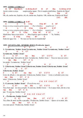 1093. COMO A CORÇA I 
330 
D A7 Bm-Bm/A G-D-Em-D-A7 D A7 Bm G-D-Em-A7-D 
Assim como a corça suspira pelas águas / Por ti suspira minh’alma, Espírito de Deus! 
D F#m G Em A7 
Oh, oh, enche-me, Espírito, oh, oh, enche-me, Espírito / Oh, enche-me, Espírito de Deus! 
(A7) (D) 
1094. COMO A CORÇA II E-B7 
E A E C#m F#m B7 E B7 
Como a corça suspira pelas águas / Por ti Senhor, suspiro eu! / 
E A E C#m F#m B7 E E7 
Como a corça suspira pelas águas / Por ti Senhor, suspiro eu! 
A B7 E C#m F#m B7 E E7 A 
Minh’alma busca teus átrios / Meu Espírito quer te adorar / Tu, Senhor, 
B7 E C#m F#m B7 E 
fonte de água viva / No meu ser faz teu rio transbordar! 
1095. LEVANTA-ME, SENHOR JESUS (Profeta do Amor) 
C F C G C F 
1 - Levanta-me, Senhor Jesus! Levanta-me, Senhor Jesus! Levanta-me, Senhor Jesus! 
C G C C7 
Levanta-me, Senhor Jesus! 
F G E7 Am Dm G7 C C7 F G E7 
Ao passar aqui, bem perto de mim / Levanta-me, Senhor Jesus / Toca no meu ser com o 
Am Dm G7 C G 
teu poder / Levanta-me, Senhor Jesus! 
C F C G C F 
2 - Liberta-me, Senhor Jesus! Liberta-me, Senhor Jesus! Liberta-me, Senhor Jesus! 
C G C C7 
Liberta-me, Senhor Jesus! 
F G E7 Am Dm G7 C C7 F G E7 
Livra da aflição e da opressão / Liberta-me, Senhor Jesus / Livra o sofredor com o teu 
Am Dm G7 C G 
amor / Liberta-me, Senhor Jesus! 
C F C-G C-F C-G-C C7 
3 - E cura-me, Senhor Jesus! (Transforma-me) 
F G E7 Am Dm G7 C C7 F G E7 
Toca bem aqui no meu coração / E cura-me, Senhor Jesus / Eu te peço mais, dá-me a tua 
Am Dm G7 C G 
paz / E cura-me, Senhor Jesus! 
C F C-G C-F C-G-C C7 
4 - Perdoa-me, Senhor Jesus! 
F G E7 Am Dm G7 C C7 F G E7 
Teu olhar de amor acolhe o pecador / Perdoa-me, Senhor Jesus / Quero só te amar, não 
Am Dm G7 C G 
vou mais pecar / Perdoa-me, Senhor Jesus! 
 