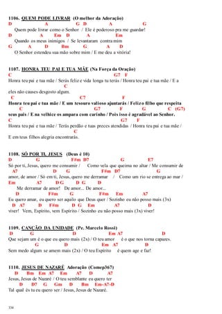 1106. QUEM PODE LIVRAR (O melhor da Adoração) 
D A G D A G 
334 
Quem pode livrar como o Senhor / Ele é poderoso pra me guardar! 
D A Em D A Em 
Quando os meus inimigos / Se levantaram contra mim 
G A D Bm G A D 
O Senhor estendeu sua mão sobre mim / E me deu a vitória! 
1107. HONRA TEU PAI E TUA MÃE (Na Força da Oração) 
C G7 F 
Honra teu pai e tua mãe / Serás feliz e vida longa tu terás / Honra teu pai e tua mãe / E a 
C 
eles não causes desgosto algum. 
C C7 F 
Honra teu pai e tua mãe / E um tesouro valioso ajuntarás / Feliz o filho que respeita 
C G7 F G C (G7) 
seus pais / E na velhice os ampara com carinho / Pois isso é agradável ao Senhor. 
C G7 F 
Honra teu pai e tua mãe / Terás perdão e tuas preces atendidas / Honra teu pai e tua mãe / 
C 
E em teus filhos alegria encontrarás. 
1108. SÓ POR TI, JESUS (Deus é 10) 
D G F#m D7 G E7 
Só por ti, Jesus, quero me consumir / Como vela que queima no altar / Me consumir de 
A7 D G F#m D7 G 
amor, de amor / Só em ti, Jesus, quero me derramar / Como um rio se entrega ao mar / 
Em A7 D G D G D 
Me derramar de amor! De amor... De amor... 
D F#m G F#m Em A7 
Eu quero amar, eu quero ser aquilo que Deus quer / Sozinho eu não posso mais (3x) 
D A7 D F#m D G Em A7 D 
viver! Vem, Espírito, vem Espírito / Sozinho eu não posso mais (3x) viver! 
1109. CANÇÃO DA UNIDADE (Pe. Marcelo Rossi) 
D G D Em A7 D 
Que sejam um é o que eu quero mais (2x) / O teu amor é o que nos torna capazes. 
G D Em A7 D 
Sem medo algum se amem mais (2x) / O teu Espírito é quem age e faz! 
1110. JESUS DE NAZARÉ Adoração (Comep367) 
D Bm Em A7 Em A7 D A7 
Jesus, Jesus de Nazaré / O teu semblante eu quero ter 
D D7 G Gm D Bm Em-A7-D 
Tal qual és tu eu quero ser / Jesus, Jesus de Nazaré. 
 