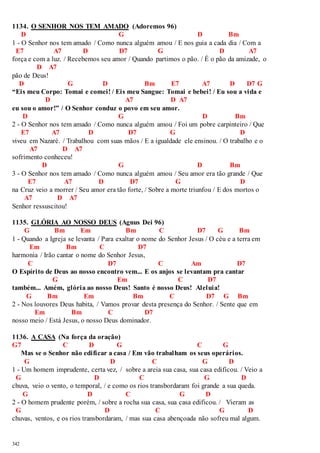 1134. O SENHOR NOS TEM AMADO (Adoremos 96) 
342 
D G D Bm 
1 - O Senhor nos tem amado / Como nunca alguém amou / E nos guia a cada dia / Com a 
E7 A7 D D7 G D A7 
força e com a luz. / Recebemos seu amor / Quando partimos o pão. / É o pão da amizade, o 
D A7 
pão de Deus! 
D G D Bm E7 A7 D D7 G 
“Eis meu Corpo: Tomai e comei! / Eis meu Sangue: Tomai e bebei! / Eu sou a vida e 
D A7 D A7 
eu sou o amor!” / O Senhor conduz o povo em seu amor. 
D G D Bm 
2 - O Senhor nos tem amado / Como nunca alguém amou / Foi um pobre carpinteiro / Que 
E7 A7 D D7 G D 
viveu em Nazaré. / Trabalhou com suas mãos / E a igualdade ele ensinou. / O trabalho e o 
A7 D A7 
sofrimento conheceu! 
D G D Bm 
3 - O Senhor nos tem amado / Como nunca alguém amou / Seu amor era tão grande / Que 
E7 A7 D D7 G D 
na Cruz veio a morrer / Seu amor era tão forte, / Sobre a morte triunfou / E dos mortos o 
A7 D A7 
Senhor ressuscitou! 
1135. GLÓRIA AO NOSSO DEUS (Agnus Dei 96) 
G Bm Em Bm C D7 G Bm 
1 - Quando a Igreja se levanta / Para exaltar o nome do Senhor Jesus / O céu e a terra em 
Em Bm C D7 
harmonia / Irão cantar o nome do Senhor Jesus, 
C D7 C Am D7 
O Espírito de Deus ao nosso encontro vem... E os anjos se levantam pra cantar 
G Em C D7 
também... Amém, glória ao nosso Deus! Santo é nosso Deus! Aleluia! 
G Bm Em Bm C D7 G Bm 
2 - Nos louvores Deus habita, / Vamos provar desta presença do Senhor. / Sente que em 
Em Bm C D7 
nosso meio / Está Jesus, o nosso Deus dominador. 
1136. A CASA (Na força da oração) 
G7 C D G C G 
Mas se o Senhor não edificar a casa / Em vão trabalham os seus operários. 
G D C G D 
1 - Um homem imprudente, certa vez, / sobre a areia sua casa, sua casa edificou. / Veio a 
G D C G D 
chuva, veio o vento, o temporal, / e como os rios transbordaram foi grande a sua queda. 
G D C G D 
2 - O homem prudente porém, / sobre a rocha sua casa, sua casa edificou. / Vieram as 
G D C G D 
chuvas, ventos, e os rios transbordaram, / mas sua casa abençoada não sofreu mal algum. 
 