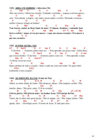 365 
1202. ABRA UM SORRISO (Adoremos 96) 
C Em F G C Em F G 
Abra um sorriso, / liberta teu coração / Cantando a melodia, / esqueça a tristeza agora e 
C Em F G C Em 
vem / Vem plantar a alegria, / por onde a morte andou e ceifou / Deixando a tristeza, / 
F G C G7 
melhor é buscar refúgio no Senhor! 
C Dm G C Em F 
Vem louvar, cantar ao Deus Santo de amor / E dançar, bendizer, / cantando bem 
G C Am Dm G7 C Am Dm 
forte o refrão / numa só voz pra nascer / a paz nos nossos corações / Pra nascer a 
G C G 
paz nos corações. 
1203. JUNTOS OUTRA VEZ 
G7 C Am-F G C Am F G C Am F 
É tão bom / Estarmos juntos outra vez / Para aprender um pouco mais / Sobre Deus, 
Dm G C Am-F G C Am F G C-Am 
que é nosso Senhor / É tão bom / Estarmos juntos outra vez / Para aprender a amar 
Dm G C Gm-C7 
/ E deixar Jesus nos tocar 
F G Em Am D7 
Quero perdoar de todo o coração / Amar a cada um como um irmão / Eu quero abrir 
F(G) G(C) 
totalmente o meu coração! 
1204. AO PRÍNCIPE DA PAZ (Canto de Paz) 
D G D G D G D G D 
Abaixe as armas diante do irmão / Não despreze, abrace / Não empurre, acolha / Não 
G Em A7 
marche, dance / Não grite, cante / E fé no coração! 
D G A7 D G Em A7 (A7-D) 
Glória, glória / Mil glórias mais / Ao Senhor Jesus / O Príncipe da Paz! 
D G D G D G Em A7 Bm 
Vamos dar as mãos num gesto de paz / Não se zangue, ore: / Não vingue jamais / Não 
G Bm E7 G D A7 D 
agrida, salve / Glorifique assim / O nome de Jesus / É tudo para mim. 
 