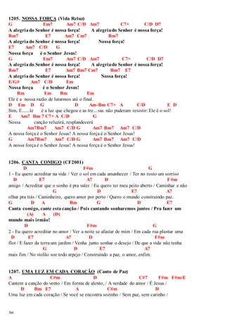 1205. NOSSA FORÇA (Vida Reluz) 
G Em7 Am7 C/D Am7 C7+ C/D D7 
A alegria do Senhor é nossa força! A alegria do Senhor é nossa força! 
Bm7 E7 Am7 Cm7 Bm7 
A alegria do Senhor é nossa força! Nossa força! 
E7 Am7 C/D G 
Nossa força é o Senhor Jesus! 
G Em7 Am7 C/D Am7 C7+ C/D D7 
A alegria do Senhor é nossa força! A alegria do Senhor é nossa força! 
Bm7 E7 Am7 Bm7 Cm7 Bm7 E7 
A alegria do Senhor é nossa força! Nossa força! 
E/G# Am7 C/D Em 
Nossa força é o Senhor Jesus! 
366 
Bm Em Bm Em 
Ele é a nossa razão de lutarmos até o final. 
D Em D G D Am-Bm C7+ A C/D E D 
Sim, E.......le é a luz que chegou e as tre....vas não puderam resistir: Ele é o sol! 
E Am7 Bm 7 C7+ A C/D G 
Nossa canção reluzirá, resplandecerá 
Am7Bm7 Am7 C/D G Am7 Bm7 Am7 C/D 
A nossa força é o Senhor Jesus! A nossa força é o Senhor Jesus! 
G Am7Bm7 Am7 C/D G Am7 Bm7 Am7 C/D 
A nossa força é o Senhor Jesus! A nossa força é o Senhor Jesus! 
1206. CANTA COMIGO (CF2001) 
D F#m G 
1 - Eu quero acreditar na vida / Ver o sol em cada amanhecer / Ter no rosto um sorriso 
D E7 A7 D F#m 
amigo / Acreditar que o sonho é pra valer / Eu quero ter meu peito aberto / Caminhar e não 
G D E7 A7 
olhar pra trás / Caminheiro, quero amor por perto / Quero o mundo construindo paz. 
G D A Bm G D E7 
Canta comigo, cante esta canção / Pois cantando sonharemos juntos / Pra fazer um 
(A) A (D) 
mundo mais irmão! 
D F#m G 
2 - Eu quero acreditar no amor / Ver a noite se afastar de mim / Em cada rua plantar uma 
D E7 A7 D F#m 
flor / E fazer da terra um jardim / Venha junto sonhar o desejo / De que a vida não tenha 
G D E7 A7 
mais fim / No violão soe todo arpejo / Construindo a paz, o amor, enfim. 
1207. UMA LUZ EM CADA CORAÇÃO (Canto de Paz) 
A C#m D C#7 F#m F#m/E 
Cantem a canção do vento / Em forma de alento, / A verdade do amor / É Jesus / 
D Bm E7 A C#m D 
Uma luz em cada coração / Se você se encontra sozinho / Sem paz, sem carinho / 
 