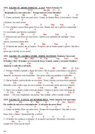1531. SALMO 95 - RESPLANDECEU A LUZ Natal (Liturgia V) 
F G C7 F Am Bb C7 F 
Resplandeceu a luz sobre nós / Porque nasceu Cristo Salvador! 
F Bb F Dm Gm A C7 
1 - Cantai ao Senhor Deus um canto novo / Cantai ao Senhor Deus, ó terra inteira / Cantai 
400 
F 
e bendizei seu santo nome! 
F Bb F Dm Gm A 
2 - Foi o Senhor e nosso Deus quem fez os céus / Diante dele vão a glória e a majestade / 
C7 F 
E o seu templo, que beleza e esplendor! 
F Bb F Dm Gm A 
3 - Oferecei um sacrifício nos seus átrios / Adorai-o no esplendor da santidade / Terra 
C7 F 
inteira, estremecei diante dele. 
F Bb F Dm Gm A 
4 - Ó família das nações, dai ao Senhor / Ó nações, dai ao Senhor poder e glória / Dai-lhe a 
C7 F 
glória que é devida ao seu nome! 
1532. SALMO 95 - GLÓRIA ENTRE TODOS OS POVOS (Sinfonia Universal) 
Cm Fm Bb Bb7 G Cm Fm Fm7 Cm 
O Senhor é Rei / O Senhor se revestiu de força / Cantai, cantai e seu nome bendizei / 
G Cm 
Anunciai a cada dia a salvação. 
G Cm Bb Bb7 G Cm 
1 - Porque o Senhor é grande e digno de louvor / Ide às nações e proclamai a sua glória / 
Fm Cm G Cm G 
Anunciai aos homens suas maravilhas / Aos povos todos sua grandeza e esplendor. 
G Cm Bb Bb7 G 
2 - Dai ao Senhor a glória devida ao seu nome / Trazei ofertas e em seus átrios penetrai / 
Fm Cm G Cm 
Retumbe o mar e tudo o que ele em si contém / E a terra não vacile, pois ele a sustém. 
G Cm Bb Bb7 
3 - Que o céu se alegre, exulte a terra de alegria / Cantem os povos com a presença do 
G Cm Fm Cm G Cm G 
Senhor / Ele virá e implantará sua justiça / Sua verdade sobre o mundo reinará. 
1533. SALMO 97 - CANTAI AO SENHOR DEUS Natal (Alguém está nascendo) 
C Em F Dm G C Am Dm G C 
Os confins do universo contemplaram / A salvação do nosso Deus! 
G C F C F 
1 - Cantai ao Senhor Deus um canto novo / Porque ele fez prodígios! / Sua mão e o seu 
Am G C 
braço forte e Santo / Alcançaram-lhe a vitória! 
G C F C F 
2 - O Senhor fez conhecer a salvação / E às nações sua justiça! / Recordou o seu amor 
Am G C 
sempre fiel / Pela casa de Israel! 
 