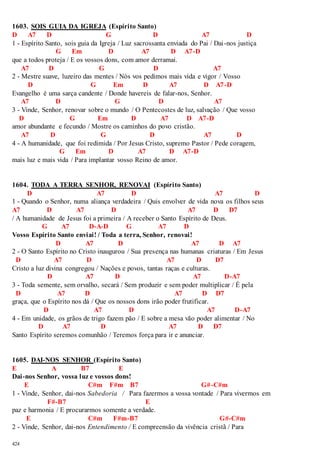 1603. SOIS GUIA DA IGREJA (Espírito Santo) 
D A7 D G D A7 D 
1 - Espírito Santo, sois guia da Igreja / Luz sacrossanta enviada do Pai / Dai -nos justiça 
424 
G Em D A7 D A7-D 
que a todos proteja / E os vossos dons, com amor derramai. 
A7 D G D A7 
2 - Mestre suave, luzeiro das mentes / Nós vos pedimos mais vida e vigor / Vosso 
D G Em D A7 D A7-D 
Evangelho é uma sarça candente / Donde havereis de falar-nos, Senhor. 
A7 D G D A7 
3 - Vinde, Senhor, renovar sobre o mundo / O Pentecostes de luz, salvação / Que vosso 
D G Em D A7 D A7-D 
amor abundante e fecundo / Mostre os caminhos do povo cristão. 
A7 D G D A7 D 
4 - A humanidade, que foi redimida / Por Jesus Cristo, supremo Pastor / Pede coragem, 
G Em D A7 D A7-D 
mais luz e mais vida / Para implantar vosso Reino de amor. 
1604. TODA A TERRA SENHOR, RENOVAI (Espírito Santo) 
D A7 D A7 D 
1 - Quando o Senhor, numa aliança verdadeira / Quis envolver de vida nova os filhos seus 
A7 D A7 D A7 D D7 
/ A humanidade de Jesus foi a primeira / A receber o Santo Espírito de Deus. 
G A7 D-A-D G A7 D 
Vosso Espírito Santo enviai! / Toda a terra, Senhor, renovai! 
D A7 D A7 D A7 
2 - O Santo Espírito no Cristo inaugurou / Sua presença nas humanas criaturas / Em Jesus 
D A7 D A7 D D7 
Cristo a luz divina congregou / Nações e povos, tantas raças e culturas. 
D A7 D A7 D-A7 
3 - Toda semente, sem orvalho, secará / Sem produzir e sem poder multiplicar / É pela 
D A7 D A7 D D7 
graça, que o Espírito nos dá / Que os nossos dons irão poder frutificar. 
D A7 D A7 D-A7 
4 - Em unidade, os grãos de trigo fazem pão / E sobre a mesa vão poder alimentar / No 
D A7 D A7 D D7 
Santo Espírito seremos comunhão / Teremos força para ir e anunciar. 
1605. DAI-NOS SENHOR (Espírito Santo) 
E A B7 E 
Dai-nos Senhor, vossa luz e vossos dons! 
E C#m F#m B7 G#-C#m 
1 - Vinde, Senhor, dai-nos Sabedoria / Para fazermos a vossa vontade / Para vivermos em 
F#-B7 E 
paz e harmonia / E procurarmos somente a verdade. 
E C#m F#m-B7 G#-C#m 
2 - Vinde, Senhor, dai-nos Entendimento / E compreensão da vivência cristã / Para 
 