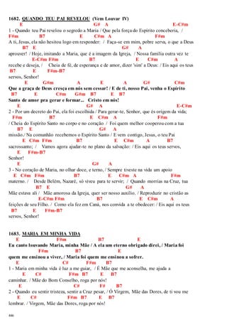 1682. QUANDO TEU PAI REVELOU (Vem Louvar IV) 
446 
E G# A E-C#m 
1 - Quando teu Pai revelou o segredo a Maria / Que pela força do Espírito conceberia, / 
F#m B7 E C#m A F#m 
A ti, Jesus, ela não hesitou logo em responder: / Faça-se em mim, pobre serva, o que a Deus 
B7 E G# A 
aprouver! / Hoje, imitando a Maria, que é a imagem da Igreja, / Nossa família outra vez te 
E-C#m F#m B7 E C#m A 
recebe e deseja, / Cheia de fé, de esperança e de amor, dizer 'sim' a Deus: / Eis aqui os teus 
B7 E F#m-B7 
servos, Senhor! 
E G#m A E A G# C#m 
Que a graça de Deus cresça em nós sem cessar! / E de ti, nosso Pai, venha o Espírito 
B7 E C#m G#m B7 E B7 
Santo de amor pra gerar e formar... Cristo em nós! 
E G# A E-C#m 
2 - Por um decreto do Pai, ela foi escolhida / Para gerar-te, Senhor, que és origem da vida; 
F#m B7 E C#m A F#m 
/ Cheia do Espírito Santo no corpo e no coração / Foi quem melhor cooperou com a tua 
B7 E G# A 
missão./ Na comunhão recebemos o Espírito Santo / E vem contigo, Jesus, o teu Pai 
E C#m F#m B7 E C#m A B7 
sacrossanto; / Vamos agora ajudar-te no plano da salvação: / Eis aqui os teus servos, 
E F#m-B7 
Senhor! 
E G# A 
3 - No coração de Maria, no olhar doce, e terno, / Sempre tiveste na vida um apoio 
E C#m F#m B7 E C#m A F#m 
materno. / Desde Belém, Nazaré, só viveu para te servir; / Quando morrias na Cruz, tua 
B7 E G# A 
Mãe estava ali / Mãe amorosa da Igreja, quer ser nosso auxílio. / Reproduzir no cristão as 
E-C#m F#m B7 E C#m A 
feições de seu Filho. / Como ela fez em Caná, nos convida a te obedecer: / Eis aqui os teus 
B7 E F#m-B7 
servos, Senhor! 
1683. MARIA EM MINHA VIDA 
E F#m B7 E 
Eu canto louvando Maria, minha Mãe / A ela um eterno obrigado direi, / Maria foi 
F#m B7 E 
quem me ensinou a viver, / Maria foi quem me ensinou a sofrer. 
E C# F#m B7 
1 - Maria em minha vida é luz a me guiar, / É Mãe que me aconselha, me ajuda a 
E C# F#m B7 E B7 
caminhar. / Mãe do Bom Conselho, roga por nós! 
E C# F# B7 
2 - Quando eu sentir tristeza, sentir a Cruz pesar, / Ó Virgem, Mãe das Dores, de ti vou me 
E C# F#m B7 E B7 
lembrar. / Virgem, Mãe das Dores, roga por nós! 
 