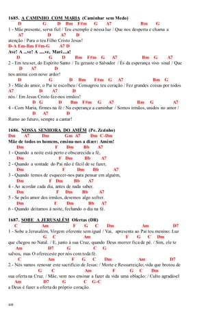 1685. A CAMINHO COM MARIA (Caminhar sem Medo) 
448 
D G D Bm F#m G A7 Bm G 
1 - Mãe presente, serva fiel / Teu exemplo é nossa luz / Que nos desperta e chama a 
A7 D A7 D 
atenção / Para o teu Filho Cristo Jesus! 
D-A Em-Bm F#m-G A7 D 
Ave! A ...ve! A .....ve, Mari....a! 
D G D Bm F#m G A7 Bm G A7 
2 - Em teu ser, do Espírito Santo / Tu geraste o Salvador / És da esperança vivo sinal / Que 
D A7 D 
nos anima com novo ardor! 
D G D Bm F#m G A7 Bm G 
3 - Mãe do amor, o Pai te escolheu / Consagrou teu coração / Fez grandes coisas por todos 
A7 D A7 D 
nós / Em Jesus Cristo fez-nos irmãos! 
D G D Bm F#m G A7 Bm G A7 
4 - Com Maria, firmes na fé / Na esperança a caminhar / Somos irmãos, unidos no amor / 
D A7 D 
Rumo ao futuro, sempre a cantar! 
1686. NOSSA SENHORA DO AMÉM (Pe. Zezinho) 
Dm A7 Dm Gm A7 Dm C-Dm 
Mãe de todos os homens, ensina-nos a dizer: Amém! 
Dm F Dm Bb A7 
1 - Quando a noite está perto e obscurecida a fé, 
Dm F Dm Bb A7 
2 - Quando a vontade do Pai não é fácil de se fazer, 
Dm F Dm Bb A7 
3 - Quando temos de esquecer-nos para pensar em alguém, 
Dm F Dm Bb A7 
4 - Ao acordar cada dia, antes de nada saber. 
Dm F Dm Bb A7 
5 - Se pelo amor dos irmãos, devemos algo sofrer. 
Dm F Dm Bb A7 
6 - Quando deitamos à noite, fechando o dia na fé. 
1687. SOBE A JERUSALÉM Ofertas (DR) 
C Am F G C Dm Am D7 
1 - Sobe a Jerusalém, Virgem oferente sem igual / Vai, apresenta ao Pai teu menino: Luz 
G C Am F G C Dm 
que chegou no Natal. / E, junto à sua Cruz, quando Deus morrer fica de pé. / Sim, ele te 
Am D7 G C G 
salvou, mas O ofereceste por nós com toda fé. 
C Am F G C Dm Am D7 
2 - Nós vamos renovar este sacrifício de Jesus: / Morte e Ressurreição; vida que brotou de 
G C Am F G C Dm 
sua oferta na Cruz. / Mãe, vem nos ensinar a fazer da vida uma oblação: / Culto agradável 
Am D7 G C G-C 
a Deus é fazer a oferta do próprio coração. 
 