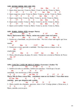 449 
1688. QUERO DIZER MEU SIM (DR) 
C C7 F G C Am Dm G C 
1 - Quero dizer meu sim / Como tu, Maria / Como tu, um dia / Como tu, Maria. 
C C7 F G C Am Dm G C 
2 - Quero negar-me a mim / Como tu, Maria / Como tu, um dia / Como tu, Maria. 
C C7 F G C Am Dm G C 
3 - Quero seguir Jesus / Como tu, Maria / Como tu, um dia / Como tu, Maria. 
C C7 F G C Am Dm G C 
4 - Quero amar o irmão / Como tu, Maria / Como tu, um dia / Como tu, Maria. 
C C7 F G C Am Dm G C 
5 - Quero servir melhor / Como tu, Maria / Como tu, um dia / Como tu, Maria. 
1689. MARIA NOSSA MÃE (Sempre Maria) 
Am Dm G C E7 Am 
Maria, Maria nossa Mãe. / Maria, ensine-nos a amar como você amou. 
A7 Dm G C-E7 Am Dm E 
1 - Ensine-nos a humildade, seu jeito de nos falar. / Nos leve a fazer tudo aquilo que Jesus 
Am E7 
mandar. 
A7 Dm G C-E7 Am Dm E 
2 - Ensine-nos a rezar, querendo a santidade / Nos faça como as crianças viver na 
Am E7 
simplicidade. 
A7 Dm G C-E7 Am Dm E 
3 - Maria, cheia de graça, de graça, fé e amor. / Ensine-nos a escutar as Palavras de Nosso 
Am E7 
Senhor. 
1690. CANÇÃO À MÃE DE DEUS E NOSSA (Louvemos o Senhor VI) 
C Am F D7 G C 
1 - Senhora de todos os caminhos, Senhora da esperança. / Estrela que é luz pra 
Am F G C C7 
caminhada, vem mostrar-nos, ó Mãe, a estrada. 
F G E7 Am Dm G C C7 F G 
Maria, Mãe de Deus e nossa Mãe, caminhaste rumo ao teu Senhor! / Vem olhar nosso 
E7-Am Dm G C G 
caminho, para que ninguém ande sozinho. 
C Am F D7 G C Am 
2 - Maria, modelo dos chamados, queremos dizer o 'sim' / Contigo plantar o Reino novo, ó 
F G C C7 
Maria, caminha com teu povo. 
 
