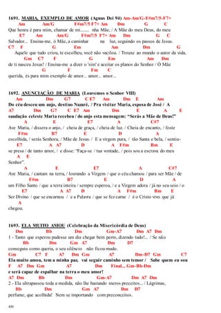 1691. MARIA, EXEMPLO DE AMOR (Agnus Dei 94) Am-Am/G-F#m7/5-F7+ 
450 
Am Am/G F#m7/5 F7+ Am Dm G C 
Que honra é para mim, chamar de mi........ nha Mãe, / A Mãe do meu Deus, do meu 
E7 Am Am/G F#m7/5 F7+ Am Dm G C 
Salvador... Ensina-me, ó Mãe, a caminhar na luz, seguindo os passos de Jesus. 
C7 F G Em Am Dm G 
Aquele que tudo criou, te escolheu, você não vacilou. / Trouxe ao mundo o autor da vida, 
Gm C7 F G Em Am Dm 
de ti nasceu Jesus! / Ensina-me a dizer o 'sim' e aceitar os planos do Senhor / Ó Mãe 
G F Fm C 
querida, és para mim exemplo de amor... amor... amor... 
1692. ANUNCIAÇÃO DE MARIA (Louvemos o Senhor VIII) 
Am Dm G7 C E7 Am Dm E Am 
Do céu desceu um anjo, destino Nazaré, / Pra visitar Maria, esposa de José / A 
A7 Dm G7 C E7 Am Dm E A E 
saudação celeste Maria recebeu / do anjo esta mensagem: “Serás a Mãe de Deus!” 
A E E7 A C#7 
Ave Maria, / dissera o anjo, / cheia de graça, / cheia de luz. / Cheia de encanto, / foste 
F#m B7 E D A 
escolhida, / serás Senhora, / Mãe de Jesus. / E a virgem pura, / tão Santa e bela, / sentiu- 
E7 A A7 D A F#m Bm E 
se presa / de tanto amor, / e disse: “Faça-se / tua vontade, / pois sou a escrava do meu 
A E 
Senhor”. 
A E E7 A C#7 
Ave Maria, / cantam na terra, / louvando a Virgem / que o céu chamou / para ser Mãe / de 
F#m B7 E D A 
um Filho Santo / que a terra inteira / sempre esperou, / e a Virgem adora / já no seu seio / o 
E7 A A7 D A F#m Bm E 
Ser Divino / que se encarnou / e a Palavra / que se fez carne / é o Cristo vivo que já 
A 
chegou. 
1693. ELA MUITO AMOU (Celebração da Misericórdia de Deus) 
Dm Bb Dm Gm-A7 Dm A7 Dm 
1 - Tanto que esperou pudesse um dia chegar bem perto, dizendo tudo!... / Se não 
Bb Dm Gm A7 Dm D7 
conseguiu como queria, o seu silêncio não ficou mudo. 
Gm C7 F A7 Dm Gm A7 Dm-D7 Gm C7 
Ela muito amou, tem a minha paz, vai seguir caminho sem temor / Sabe quem eu sou 
F A7 Dm Gm A7 Dm Final... Gm-Bb-Dm 
e será capaz de espalhar na terra o meu amor! 
A7 Dm Bb Dm Gm-A7 Dm A7 Dm 
2 - Ela ultrapassou toda a medida, não lhe bastando meros preceitos... / Lágrimas, 
Bb Dm Gm A7 Dm D7 
perfume, que acolhida! Nem se importando com preconceitos. 
 