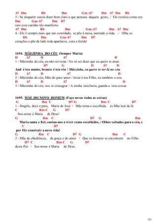 451 
A7 Dm Bb Dm Gm-A7 Dm A7 Dm Bb 
3 - Se ninguém ousou dizer bem claro o que pensava daquele gesto, / Ele revelou como era 
Dm Gm-A7 Dm D7 
raro esse carinho tão manifesto. 
A7 Dm Bb Dm Gm-A7 Dm A7 Dm 
4 - Ele é sempre mais que um convidado, se põe à mesa, nutrindo a vida; / Olha os 
Bb Dm Gm-A7 Dm D7 
corações e põe de lado toda aparência, cura a ferida! 
1694. MÃEZINHA DO CÉU (Sempre Maria) 
D A7 D A7 D 
1 - Mãezinha do céu, eu não sei rezar / Eu só sei dizer que eu quero te amar. 
D7 G D A7 D 
Azul é teu manto, branco é teu véu / Mãezinha, eu quero te ver lá no céu. 
D A7 D A7 D 
2 - Mãezinha do céu, Mãe do puro amor / Jesus é teu Filho, eu também o sou. 
D A7 D A7 D 
3 - Mãezinha do céu, vou te consagrar / A minha inocência, guarda-a sem cessar. 
1695. MÃE DO NOVO HOMEM (Faço novas todas as coisas) 
G Bm C D7-G Bm C D7 
1 - Singela, doce e pura, Maria de José / Mãe terna e escolhida, és Mãe leal da fé 
C Bm-C G D7 
Seu nome é Maria de Deus! 
G Bm C D7 G Bm 
Maria santa e fiel, ensina-nos a viver como escolhidos, / Olhos voltados para o céu, e 
C D7 
por Ele construir a nova vida! 
G Bm C D7 G Bm C 
2 - Mãe da obediência, da graça e do amor / Que os homens se encontrem no Filho 
D7 C Bm-C G D7 
desta flor / Seu nome é Maria de Deus. 
 