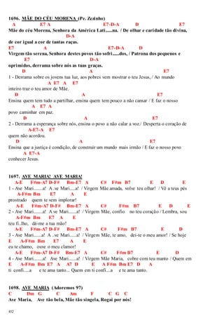 1696. MÃE DO CÉU MORENA (Pe. Zezinho) 
A E7 A E7-D-A D E7 
Mãe do céu Morena, Senhora da América Lati......na. / De olhar e caridade tão divina, 
452 
D-A 
de cor igual a cor de tantas raças. 
E7 A E7-D-A D 
Virgem tão serena, Senhora destes povos tão sofri......dos, / Patrona dos pequenos e 
E7 D-A 
oprimidos, derrama sobre nós as tuas graças. 
D A E7 
1 - Derrama sobre os jovens tua luz, aos pobres vem mostrar o teu Jesus, / Ao mundo 
A E7 A E7 
inteiro traz o teu amor de Mãe. 
D A E7 
Ensina quem tem tudo a partilhar, ensina quem tem pouco a não cansar / E faz o nosso 
A E7 A 
povo caminhar em paz. 
D A E7 
2 - Derrama a esperança sobre nós, ensina o povo a não calar a voz./ Desperta o coração de 
A-E7-A E7 
quem não acordou. 
D A E7 
Ensina que a justiça é condição, de construir um mundo mais irmão / E faz o nosso povo 
A E7-A 
conhecer Jesus. 
1697. AVE MARIA! AVE MARIA! 
A-E F#m-A7 D-F# Bm-E7 A C# F#m B7 E D E 
1 - Ave Mari........a! A .ve Mari.....a! / Virgem Mãe amada, volve teu olhar! / Vê a teus pés 
A-F#m Bm E7 A E 
prostrado quem te vem implorar! 
A-E F#m-A7 D-F# Bm-E7 A C# F#m B7 E D E 
2 - Ave Mari........a! A ve Mari.......a! / Virgem Mãe, confio no teu coração / Lembra, sou 
A-F#m Bm E7 A E 
teu fi..lho, dá-me a tua mão! 
A-E F#m-A7 D-F# Bm-E7 A C# F#m B7 E D 
3 - Ave Mari.......a! A ..ve Mari......a! / Virgem Mãe, te amo, dei-te o meu amor! / Se hoje 
E A-F#m Bm E7 A E 
eu te chamo, ouve o meu clamor! 
A-E F#m-A7 D-F# Bm-E7 A C# F#m B7 E D 
4 - Ave Mari........a! Ave Mari.......a! / Virgem Mãe Maria, cobre com teu manto / Quem em 
E A-F#m Bm E7 A A7 D E A F#m Bm E7 D A 
ti confi.....a e te ama tanto... Quem em ti confi....a e te ama tanto. 
1698. AVE MARIA (Adoremos 97) 
C Dm G C Am F C G C 
Ave Maria, Ave tão bela, Mãe tão singela, Rogai por nós! 
 