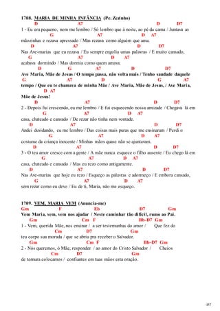 457 
1708. MARIA DE MINHA INFÂNCIA (Pe. Zezinho) 
D A7 D D7 
1 - Eu era pequeno, nem me lembro / Só lembro que à noite, ao pé da cama / Juntava as 
G A7 D A7 
mãozinhas e rezava apressado / Mas rezava como alguém que ama. 
D A7 D D7 
Nas Ave-marias que eu rezava / Eu sempre engolia umas palavras / E muito cansado, 
G A7 D A7 
acabava dormindo / Mas dormia como quem amava. 
D G A7 D D7 
Ave Maria, Mãe de Jesus / O tempo passa, não volta mais / Tenho saudade daquele 
G A7 D G A7 
tempo / Que eu te chamava de minha Mãe / Ave Maria, Mãe de Jesus, / Ave Maria, 
D A7 
Mãe de Jesus! 
D A7 D D7 
2 - Depois fui crescendo, eu me lembro / E fui esquecendo nossa amizade / Chegava lá em 
G A7 D A7 
casa, chateado e cansado / De rezar não tinha nem vontade. 
D A7 D D7 
Andei duvidando, eu me lembro / Das coisas mais puras que me ensinaram / Perdi o 
G A7 D A7 
costume da criança inocente / Minhas mãos quase não se ajuntavam. 
D A7 D D7 
3 - O teu amor cresce com a gente / A mãe nunca esquece o filho ausente / Eu chego lá em 
G A7 D A7 
casa, chateado e cansado / Mas eu rezo como antigamente. 
D A7 D D7 
Nas Ave-marias que hoje eu rezo / Esqueço as palavras e adormeço / E embora cansado, 
G A7 D A7 
sem rezar como eu devo / Eu de ti, Maria, não me esqueço. 
1709. VEM, MARIA VEM (Anuncia-me) 
Gm F Eb D7 Gm 
Vem Maria, vem, vem nos ajudar / Neste caminhar tão difícil, rumo ao Pai. 
Gm Cm F Bb-D7 Gm 
1 - Vem, querida Mãe, nos ensinar / a ser testemunhas do amor / Que fez do 
Cm D7 Gm 
teu corpo sua morada / que se abriu pra receber o Salvador. 
Gm Cm F Bb-D7 Gm 
2 - Nós queremos, ó Mãe, responder / ao amor do Cristo Salvador / Cheios 
Cm D7 Gm 
de ternura colocamos / confiantes em tuas mãos esta oração. 
 