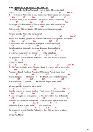 461 
1716. HINO DE N. SENHORA APARECIDA 
(Melodia do Hino Nacional - Letra: Autor Desconhecido) 
C-G7 C G7 C A7 Dm A7 
1 - Ó Senhora Aparecida, ó Mãe Santíssima / Protetora da terra brasileira 
Dm A7 Dm G7 C 
Os vossos filhos já vos aclamaram / Do querido Brasil, a Padroeira 
E7 Am E7 Am 
Eis porque / Na Pátria inteira / Sereis sempre nossa Mãe tão venerada 
D7 G7 D7 G7 
Pois vós sois / Mãe verdadeira / Desta terra, por Jesus abençoada: 
G7 
Virgem querida, Aparecida, salve, salve! 
C G7 C A7 Dm A7 
Maria, Mãe de Deus, guarda dos mártires / De amor e de esperança nos enchei 
Dm A7 Dm G7 C 
E sob o manto azul da vossa graça / O povo brasileiro protegei 
C7 F D7 G 
Estrela matutina, iluminai / A estrada do porvir da nossa Pátria 
E7 Am F C F 
E os corações, de amor, nos abrasai / Mãe verdadeira 
C F C F C F C 
De graças mil sois do Brasil a Padroeira / Dos fiéis aceitai as orações 
G C 
ó Mãe Pia, Maria! 
G C G7 C A7 Dm A7 
2 - Da Pátria brasileira sois a flâmula / Santa Arca que à vitória nos conduz 
Dm A7 Dm G7 C 
Amparai o Brasil, florão da América / O formoso País da Santa Cruz 
E7 Am E7 Am 
Vossas bênçãos / Derramai / No Brasil, vossa terra tão querida 
D7 G7 D7 G7 
E os brasileiros / cumulai / De fortuna, de paz, amor e vida 
G7 
Virgem querida, Aparecida, salve, salve! 
C G7 C A7 Dm A7 
Guardai o nosso lar, nossas famílias / Fazei sempre feliz nossa cidade 
Dm A7 Dm G7 C 
À vossa proteção nos consagramos / Ó Mãe do Criador, Mãe de bondade 
C7 F D7 G 
Havemos de cultuar-vos com fervor / E dar-vos-emos toda a nossa vida 
E7 Am F C F 
Inflamada de vivo e puro amor / Mãe verdadeira 
C F C F C F C 
De graças mil sois do Brasil a Padroeira / Dos fiéis aceitai as orações, 
G C 
ó Mãe Pia, Maria! 
 