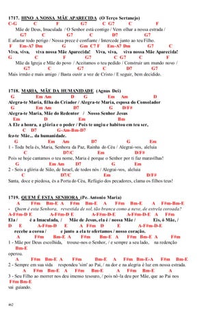 1717. HINO A NOSSA MÃE APARECIDA (O Terço Sertanejo) 
C-G C F G7 C G7 C F 
462 
Mãe de Deus, Imaculada / O Senhor está contigo / Vem olhar a nossa estrada / 
G7 C G7 C D7 G7 
E afastar todo perigo / Nossa prece é confiante / Intercede junto ao teu Filho. 
F Em-A7 Dm G Gm C7 F Em-A7 Dm G7 C 
Viva, viva, viva nossa Mãe Aparecida! Viva, viva, viva nossa Mãe Aparecida! 
G C F G7 C G7 C F 
Mãe da Igreja e Mãe do povo / Aceitamos o teu pedido / Construir um mundo novo / 
G7 C G7 C D7 G7 
Mais irmão e mais amigo / Basta ouvir a voz de Cristo / E seguir, bem decidido. 
1718. MARIA, MÃE DA HUMANIDADE (Agnus Dei) 
G Em Am D G Em Am D 
Alegra-te Maria, filha do Criador / Alegra-te Maria, esposa do Consolador 
G Em Am D7 G D/F# 
Alegra-te Maria, Mãe do Redentor / Nosso Senhor Jesus 
Em D Em Bm 
A Ele a honra, a glória e o poder / Pois te ungiu e habitou em teu ser, 
C D7 G-Am-Bm-D7 
fez-te Mãe... da humanidade. 
G Em Am D7 G Em 
1 - Toda bela és, Maria, Senhora da Paz, Rainha do Céu / Alegrai-vos, aleluia 
C D7/C Em D/F# 
Pois se hoje cantamos o teu nome, Maria é porque o Senhor por ti faz maravilhas! 
G Em Am D7 G Em 
2 - Sois a glória de Sião, de Israel, de todos nós / Alegrai-vos, aleluia 
C D7/C Em D/F# 
Santa, doce e piedosa, és a Porta do Céu, Refúgio dos pecadores, clama os filhos teus! 
1719. QUEM É ESTA SENHORA (Pe. Antonio Maria) 
A F#m Bm-E A F#m Bm-E A F#m Bm-E A F#m-Bm-E 
- Quem é esta Senhora, revestida de sol, tão branca como a neve, de estrela coroada? 
A-F#m-D E A-F#m-D E A-F#m-D-E A-F#m-D-E A F#m 
Ela / é a Imaculada, / Mãe de Jesus, ela é / nossa Mãe / Eis, ó Mãe, / 
D E A-F#m-D E A F#m D E A-F#m-D-E 
recebe a coroa / e junto a ela te ofertamos / nosso coração. 
A F#m Bm-E A F#m Bm-E A F#m Bm-E A F#m 
1 - Mãe por Deus escolhida, trouxe-nos o Senhor, / e sempre a seu lado, na redenção 
Bm-E 
operou. 
A F#m Bm-E A F#m Bm-E A F#m Bm-E-A F#m Bm-E 
2 - Sempre em sua vida respondeu 'sim' ao Pai, / na dor e na alegria é luz em nossa estrada. 
A F#m Bm-E A F#m Bm-E A F#m Bm-E A 
3 - Seu Filho ao morrer nos deu imenso tesouro, / pois nô-la deu por Mãe, que ao Pai nos 
F#m Bm-E 
vai guiando. 
 
