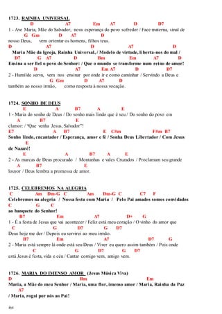 1723. RAINHA UNIVERSAL 
464 
D A7 Em A7 D D7 
1 - Ave Maria, Mãe do Salvador, nova esperança do povo sofredor / Face materna, sinal de 
G Gm D A7 D 
nosso Deus, vem orientar os homens, filhos teus. 
D A7 D A7 D 
Maria Mãe da Igreja, Rainha Universal, / Modelo de virtude, liberta-nos do mal / 
D7 G A7 D Bm Em A7 D 
Ensina a ser fiel o povo do Senhor: / Que o mundo se transforme num reino de amor! 
D A7 Em A7 D D7 
2 - Humilde serva, vem nos ensinar por onde ir e como caminhar / Servindo a Deus e 
G Gm D A7 D 
também ao nosso irmão, como resposta à nossa vocação. 
1724. SONHO DE DEUS 
E A B7 A E 
1 - Maria do sonho de Deus / Do sonho mais lindo que é seu / Do sonho do povo em 
A B7 E 
clamor: / “Que venha Jesus, Salvador”! 
E7 A B7 E C#m F#m B7 
Sonho lindo, encantador / Esperança, amor e fé / Sonha Deus Libertador / Com Jesus 
E 
de Nazaré! 
E A B7 A E 
2 - As marcas de Deus procurado / Montanhas e vales Cruzados / Proclamam seu grande 
A B7 E 
louvor / Deus lembra a promessa de amor. 
1725. CELEBREMOS NA ALEGRIA 
C Am Dm-G C Am Dm-G C C7 F 
Celebremos na alegria / Nossa festa com Maria / Pelo Pai amados somos convidados 
C G C 
ao banquete do Senhor! 
B7 Em A7 D+ G 
1 - É a festa de Jesus que vai acontecer / Feliz está meu coração / O vinho do amor que 
C G D7 G D7 
Deus hoje me der / Depois eu servirei ao meu irmão. 
B7 Em A7 D7 G 
2 - Maria está sempre lá onde está seu Deus / Viver eu quero assim também / Pois onde 
C G D7 G D7 
está Jesus é festa, vida e céu / Cantar comigo vem, amigo vem. 
1726. MARIA DO IMENSO AMOR (Jesus Música Viva) 
D Bm Em 
Maria, a Mãe do meu Senhor / Maria, uma flor, imenso amor / Maria, Rainha da Paz 
A7 
/ Maria, rogai por nós ao Pai! 
 